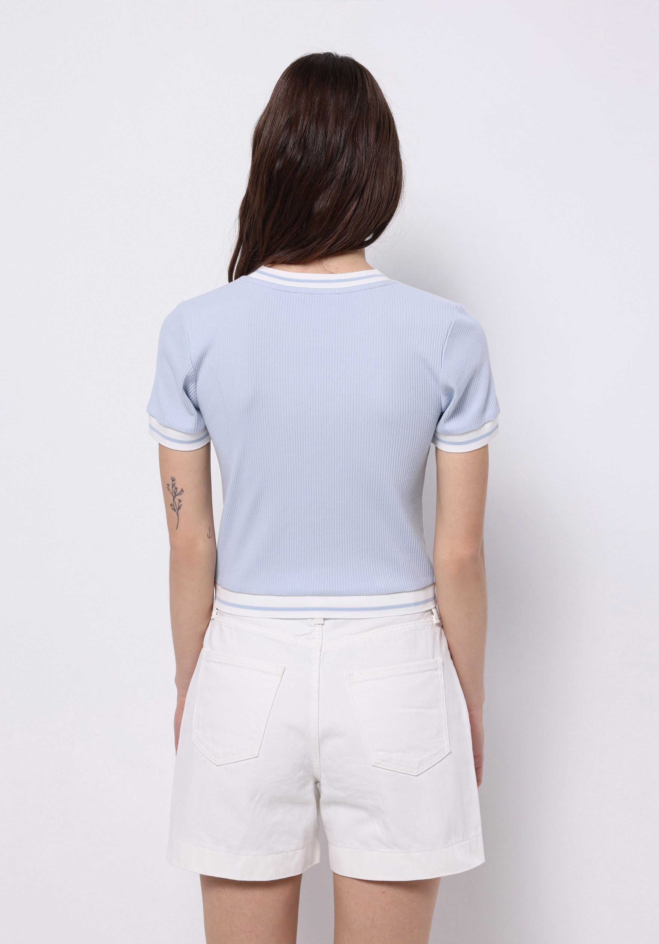 Slim Fit Yuvarlak Yaka Düz Kadın Mavi Kısa Kol Tişört