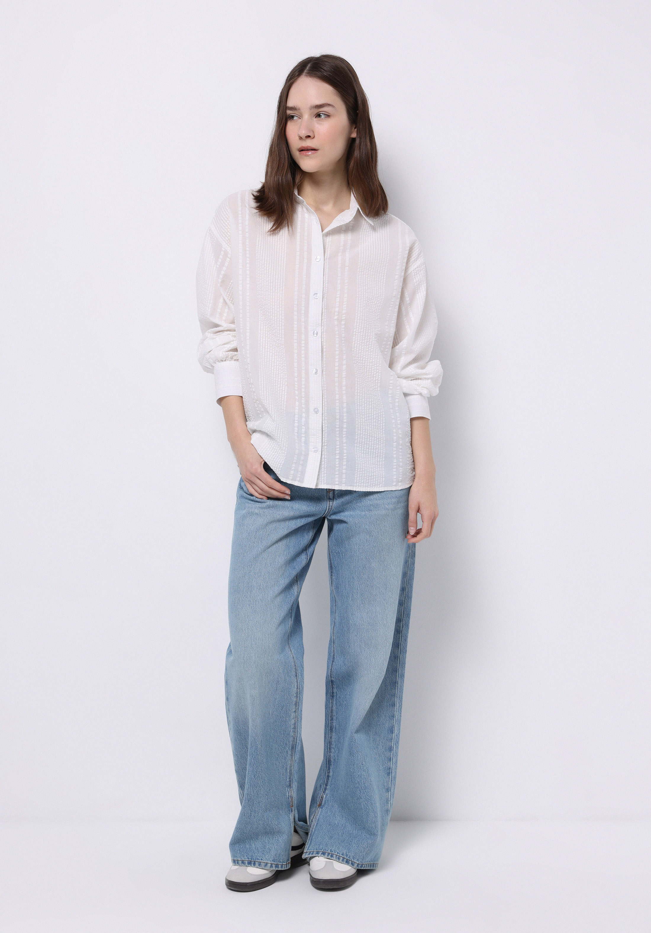 Regular Fit Shirt Neck Düz Kadın Beyaz Uzun Kol Gömlek