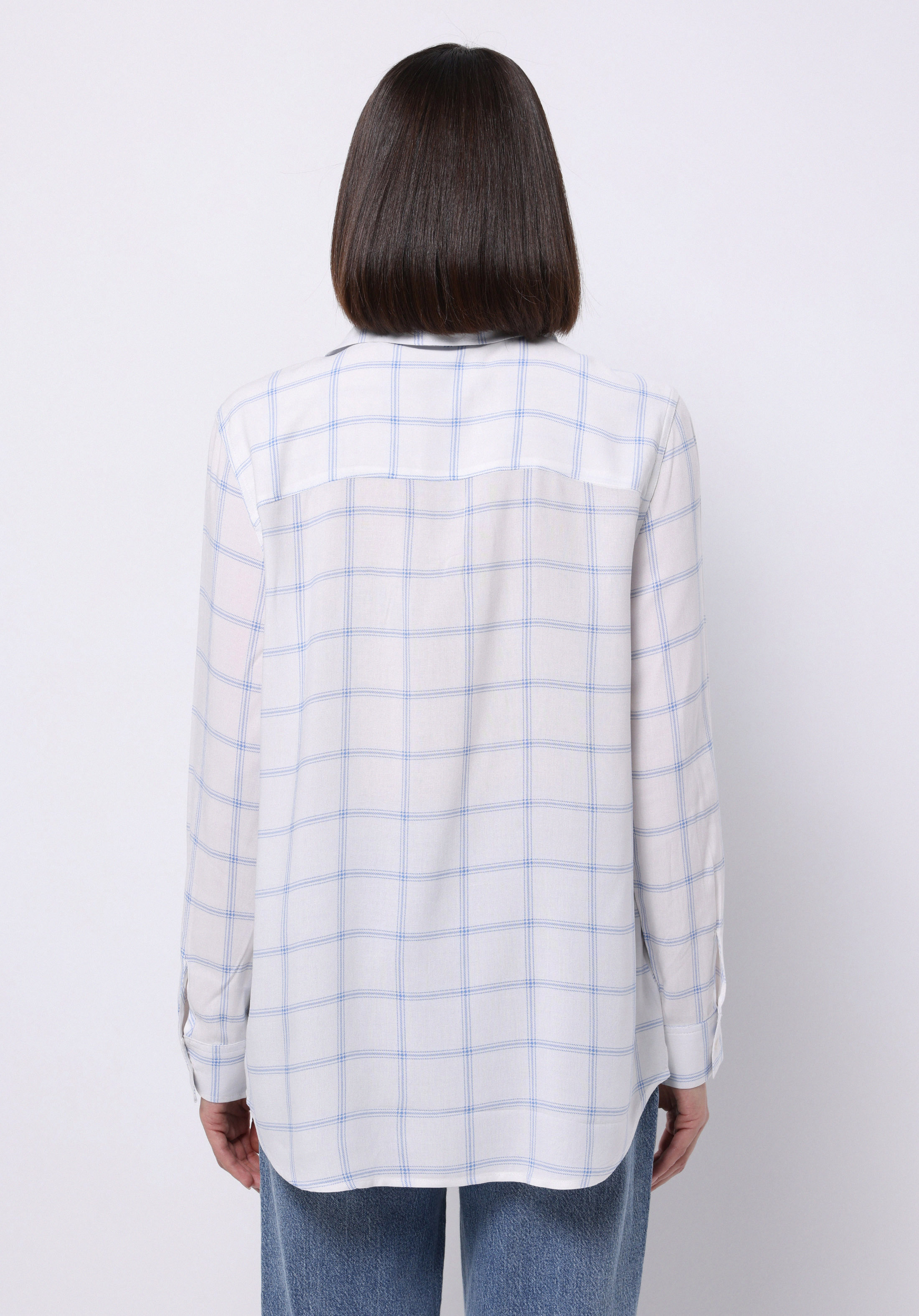 Regular Fit Shirt Neck Ekoseli Kadın Mavi Uzun Kol Gömlek