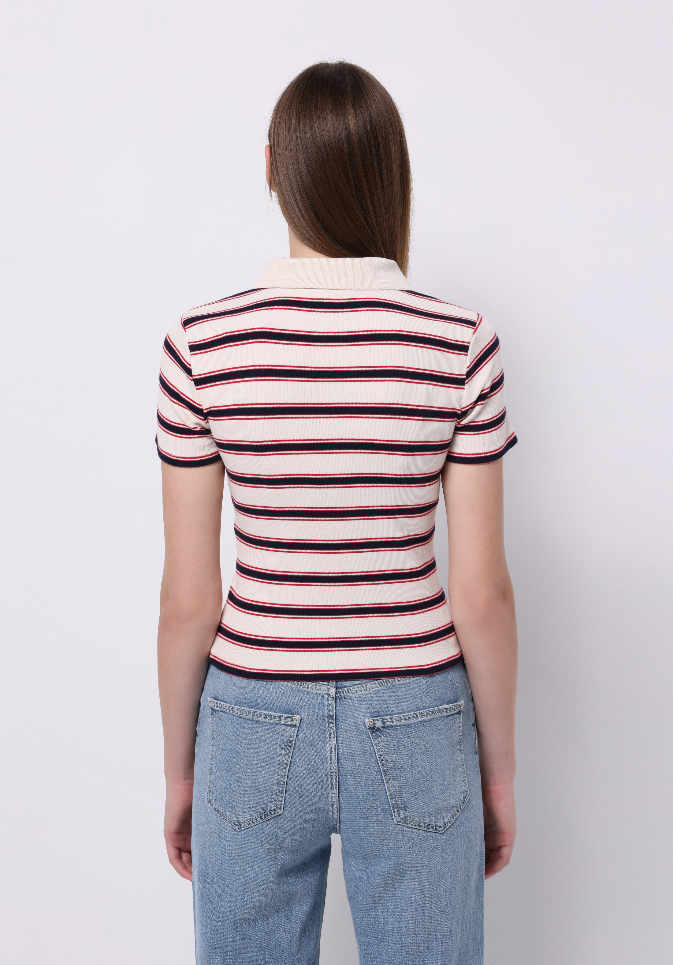 Slim Fit Polo Yaka Çizgili Kadın Ekru Kısa Kol Tişört