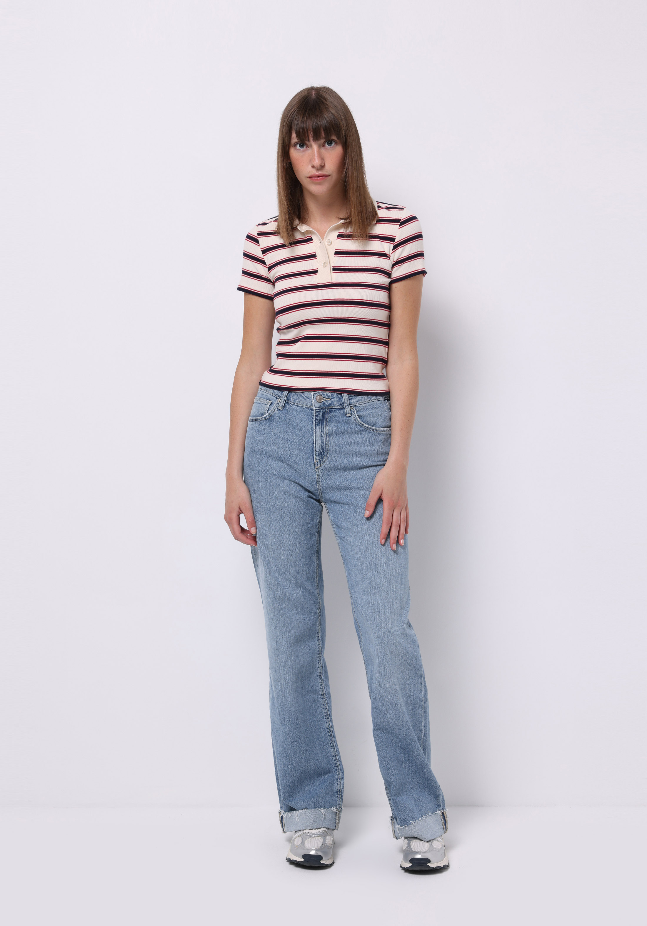 Slim Fit Polo Yaka Çizgili Kadın Ekru Kısa Kol Tişört