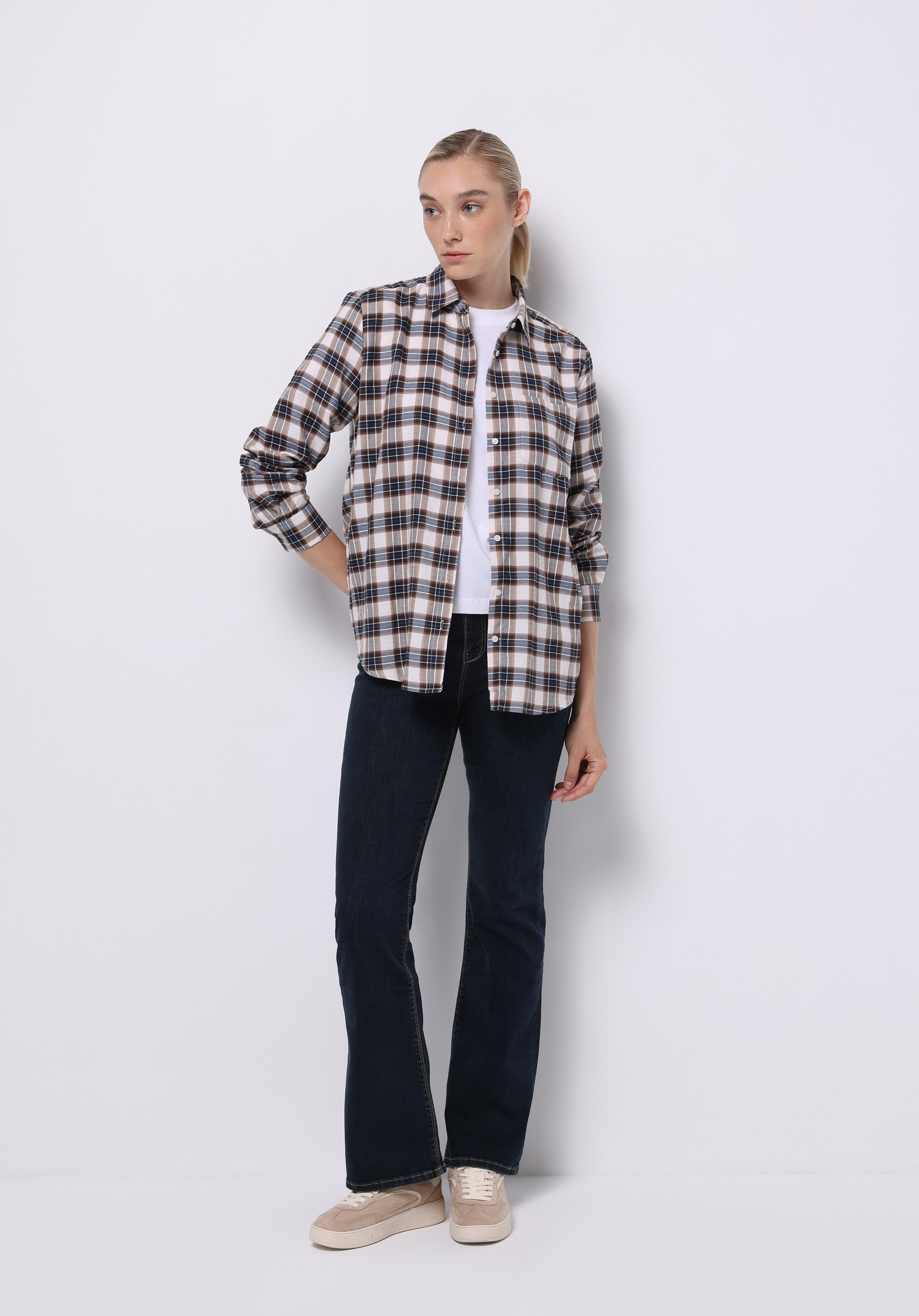 Regular Fit Shirt Neck Ekoseli Kadın Bej Uzun Kol Gömlek