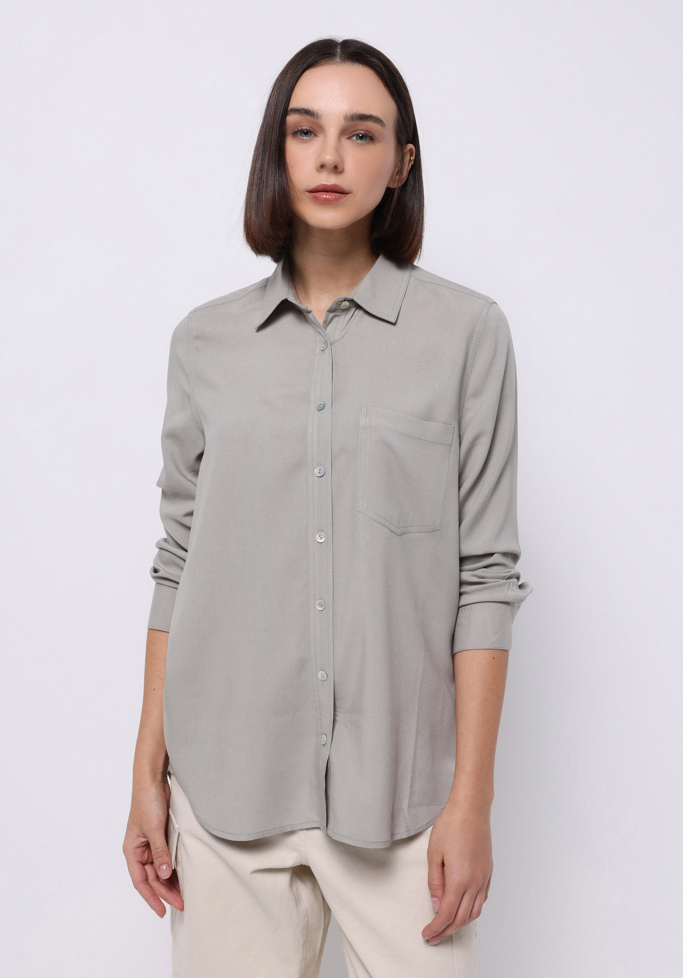 Regular Fit Shirt Neck Düz Kadın Yeşil Uzun Kol Gömlek