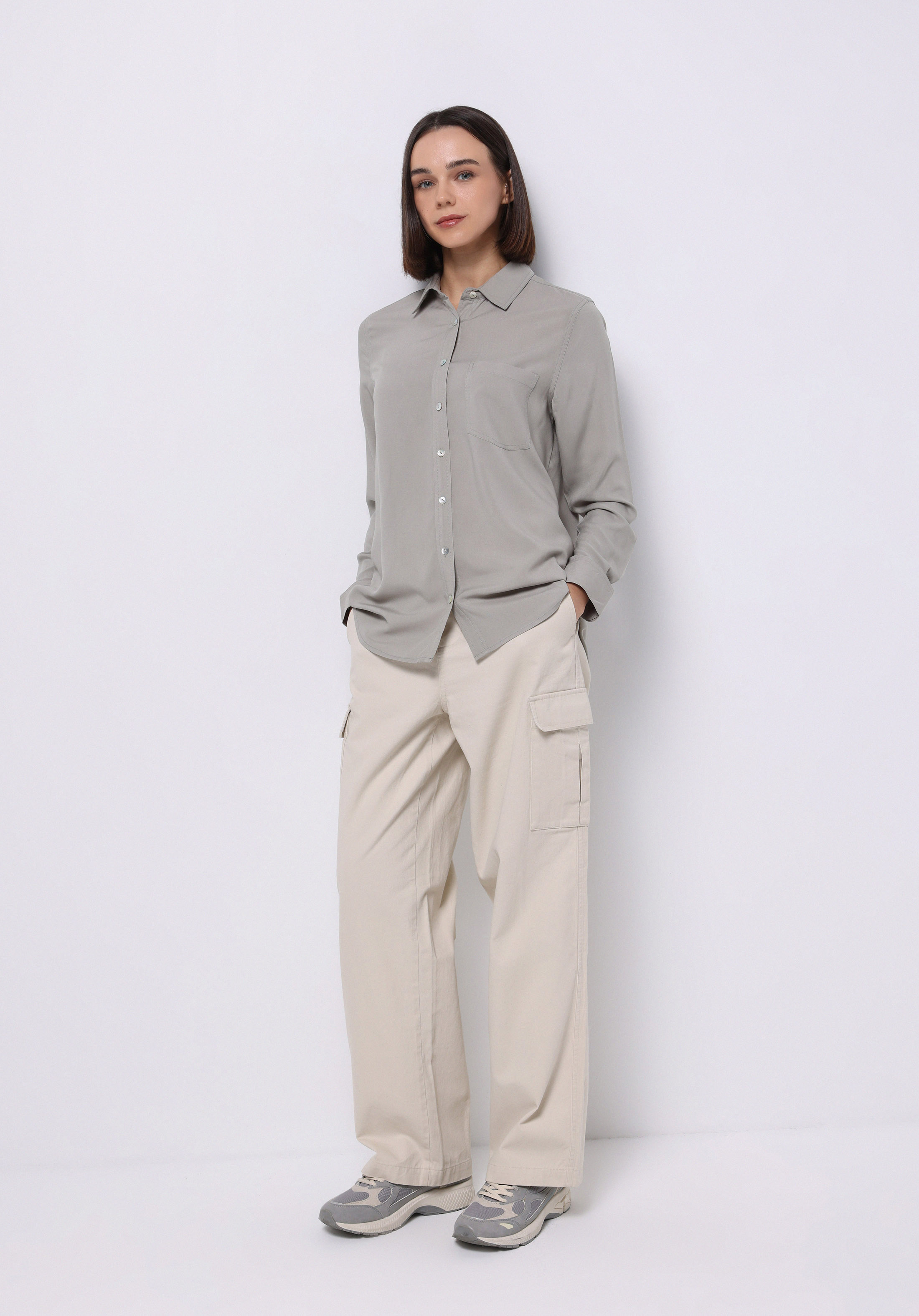 Regular Fit Shirt Neck Düz Kadın Yeşil Uzun Kol Gömlek