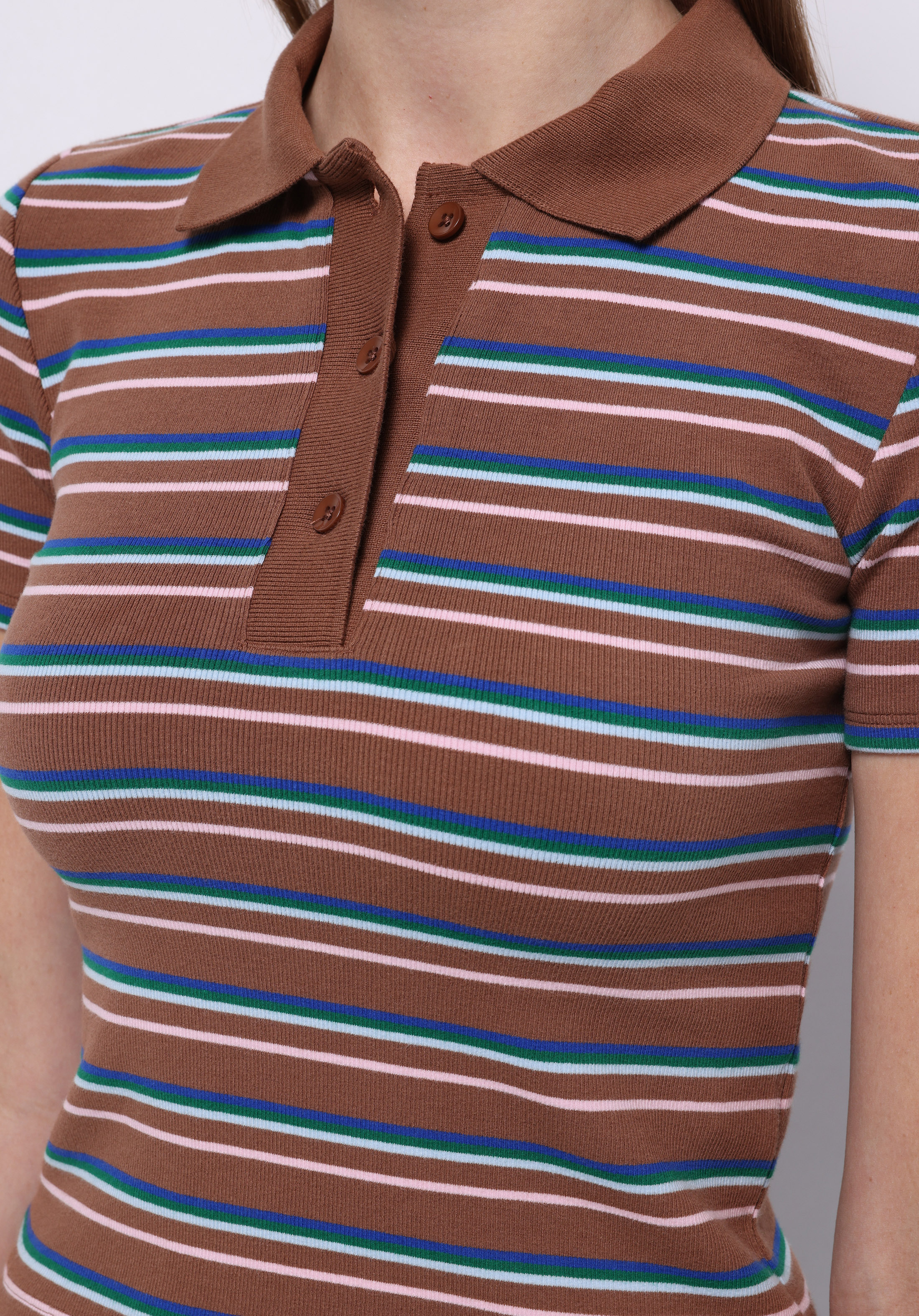 Slim Fit Polo Yaka Çizgili Kadın Kahverengi Kısa Kol Tişört