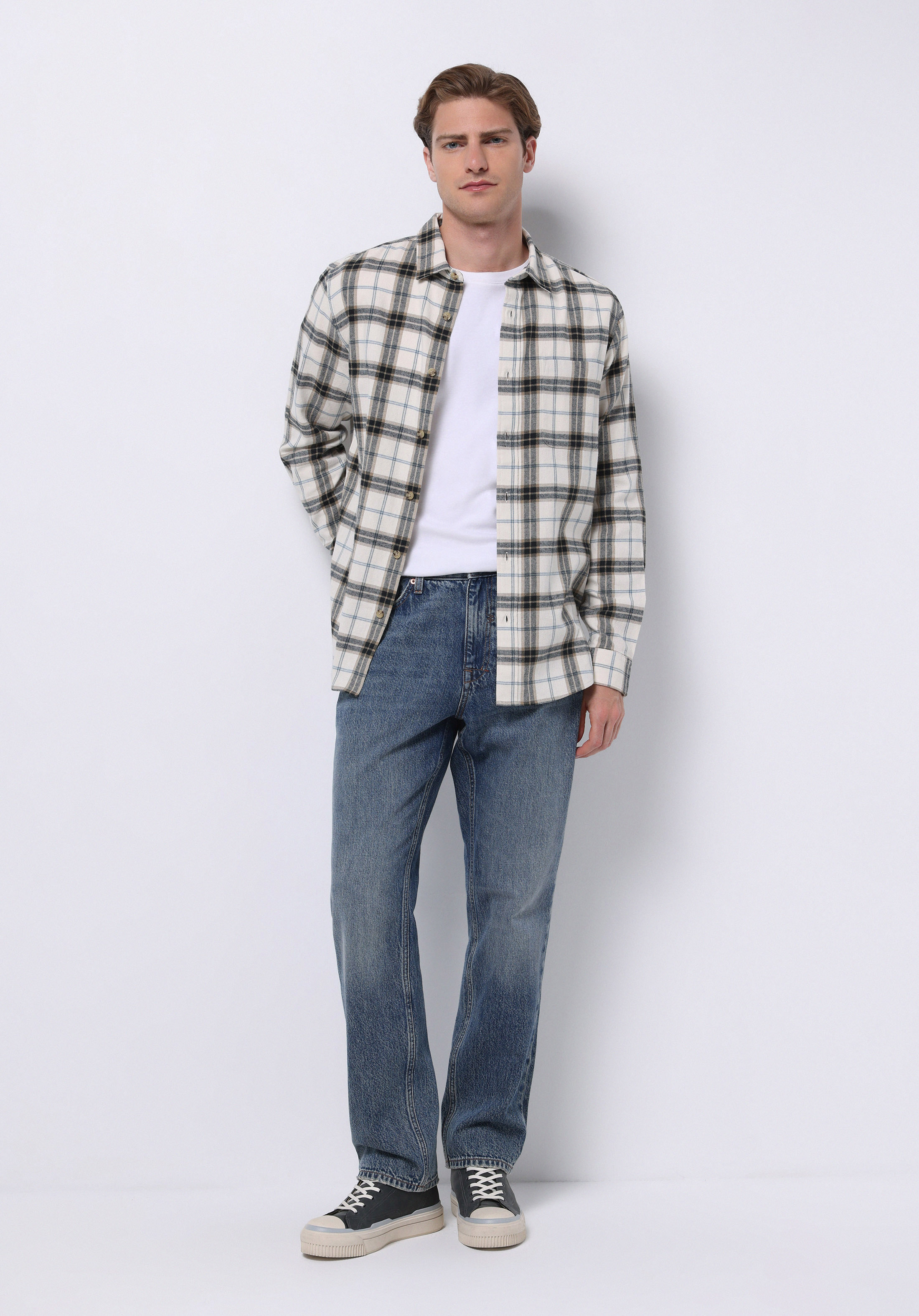 Regular Fit Shirt Neck Ekoseli Erkek Ekru Uzun Kol Gömlek