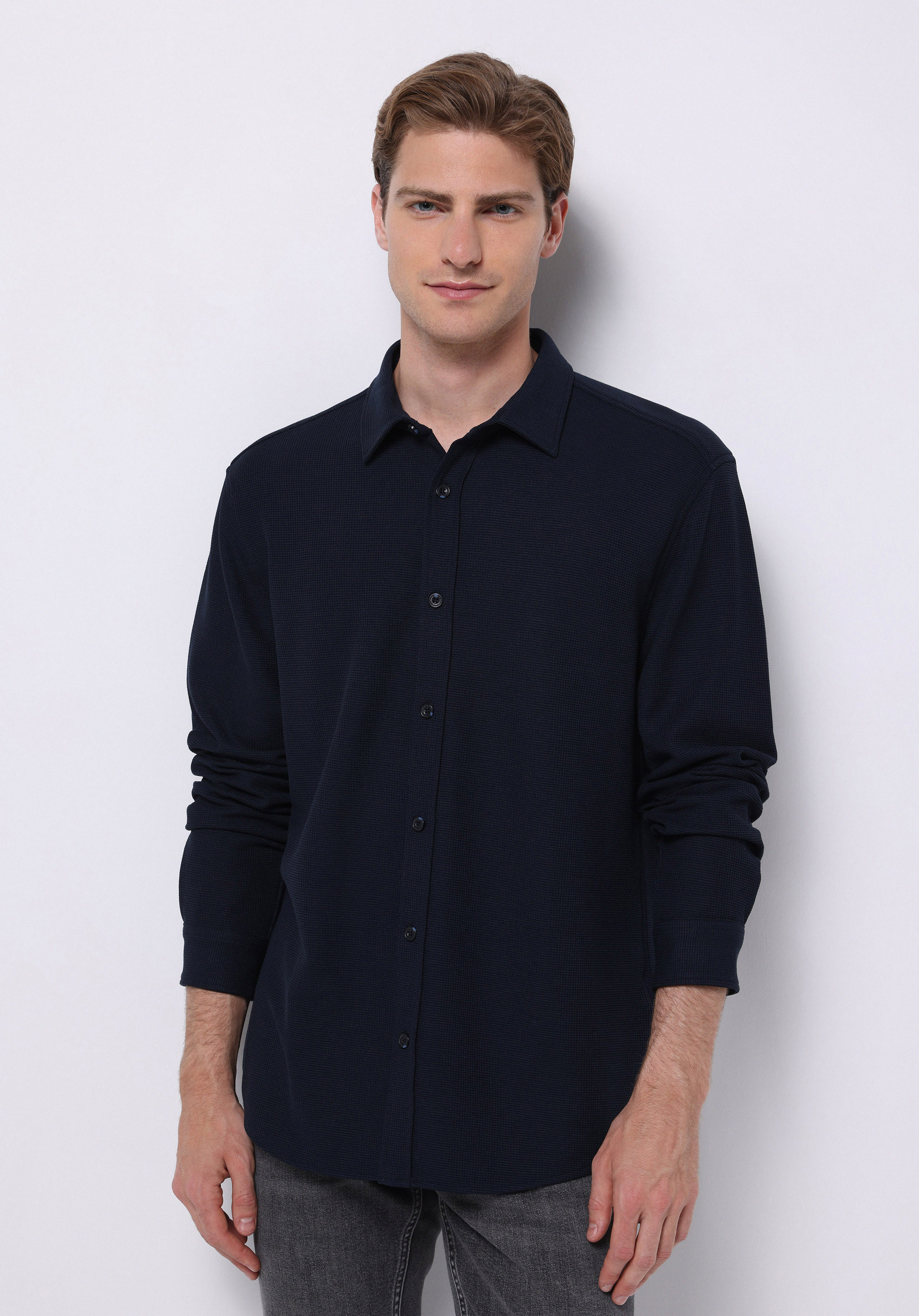 Regular Fit Shirt Neck Düz Erkek Lacivert Uzun Kol Gömlek