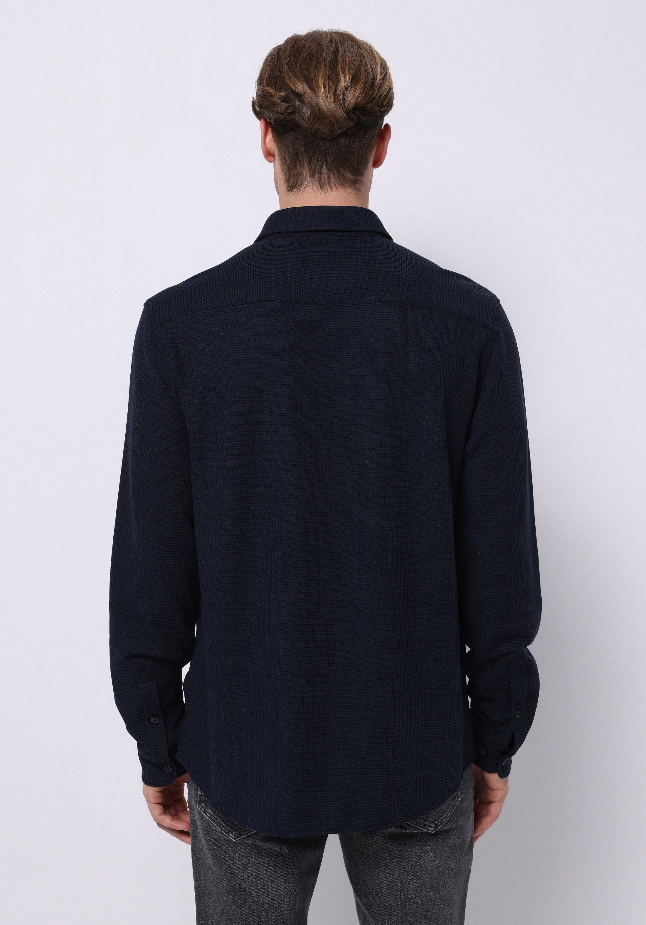 Regular Fit Shirt Neck Düz Erkek Lacivert Uzun Kol Gömlek