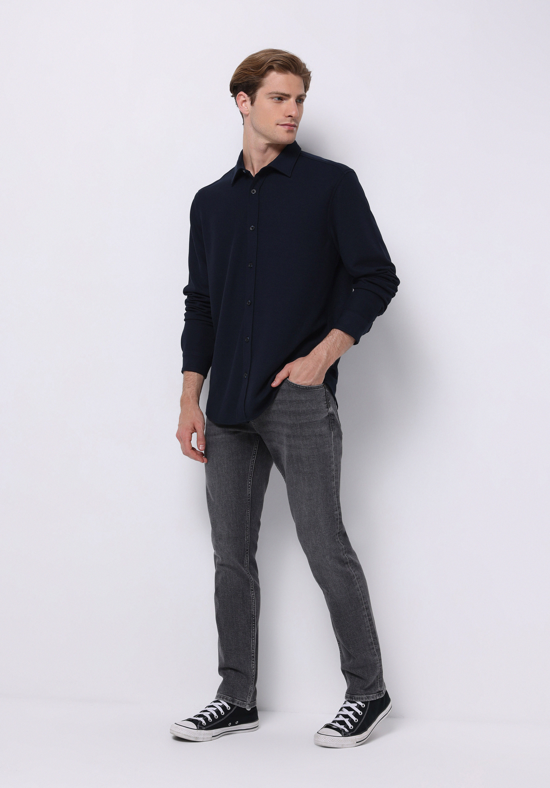 Regular Fit Shirt Neck Düz Erkek Lacivert Uzun Kol Gömlek