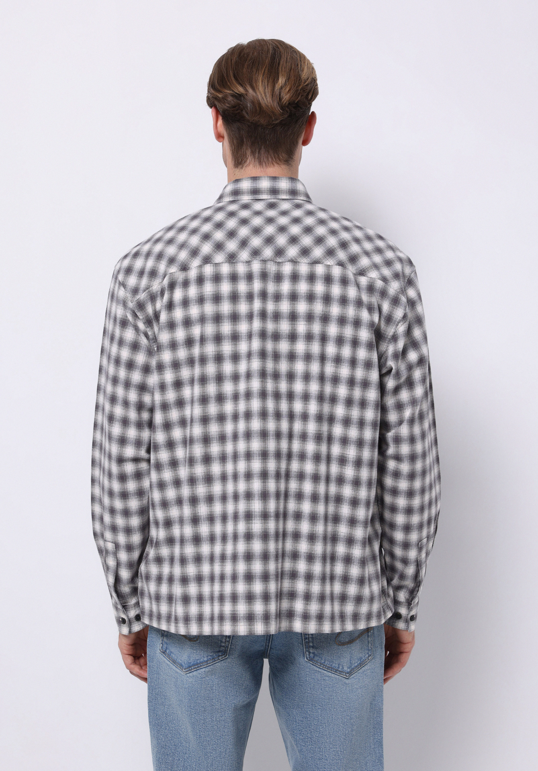 Boxy Fıt Shirt Neck Kareli Erkek Gri Uzun Kol Gömlek