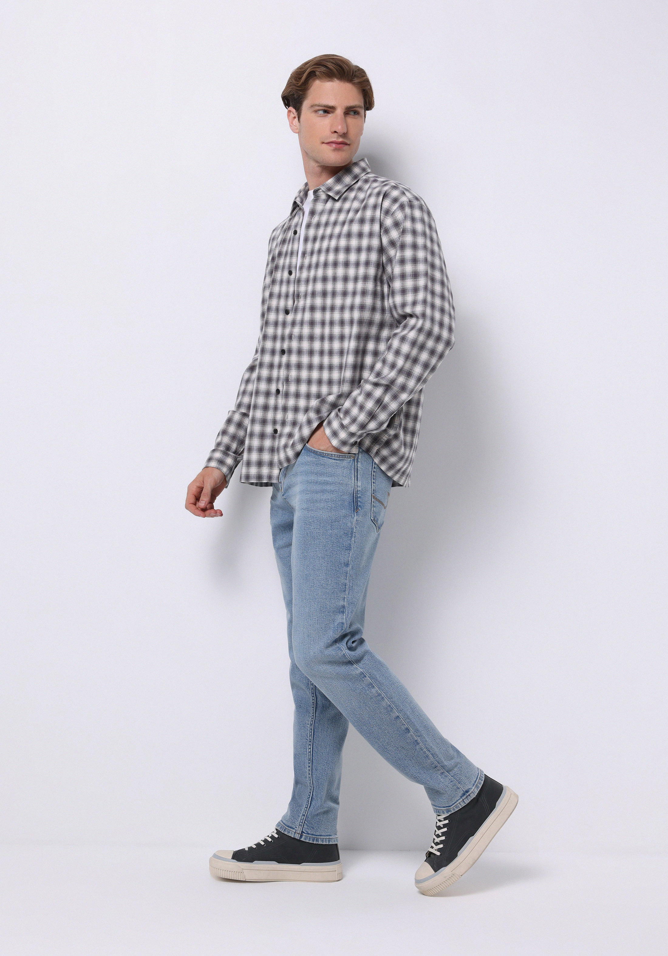 Boxy Fıt Shirt Neck Kareli Erkek Gri Uzun Kol Gömlek