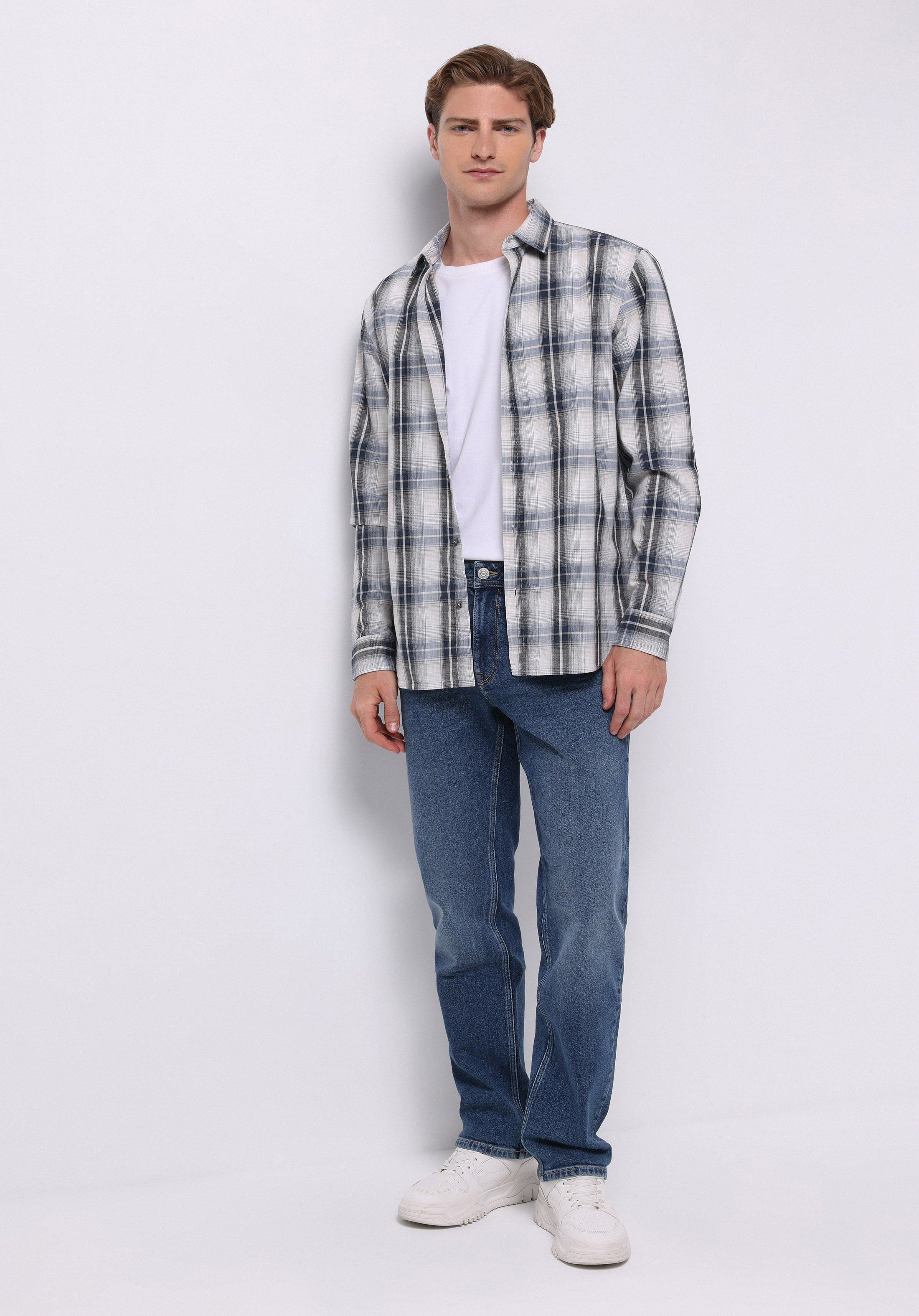 Regular Fit Shirt Neck Ekoseli Erkek Gri Uzun Kol Gömlek