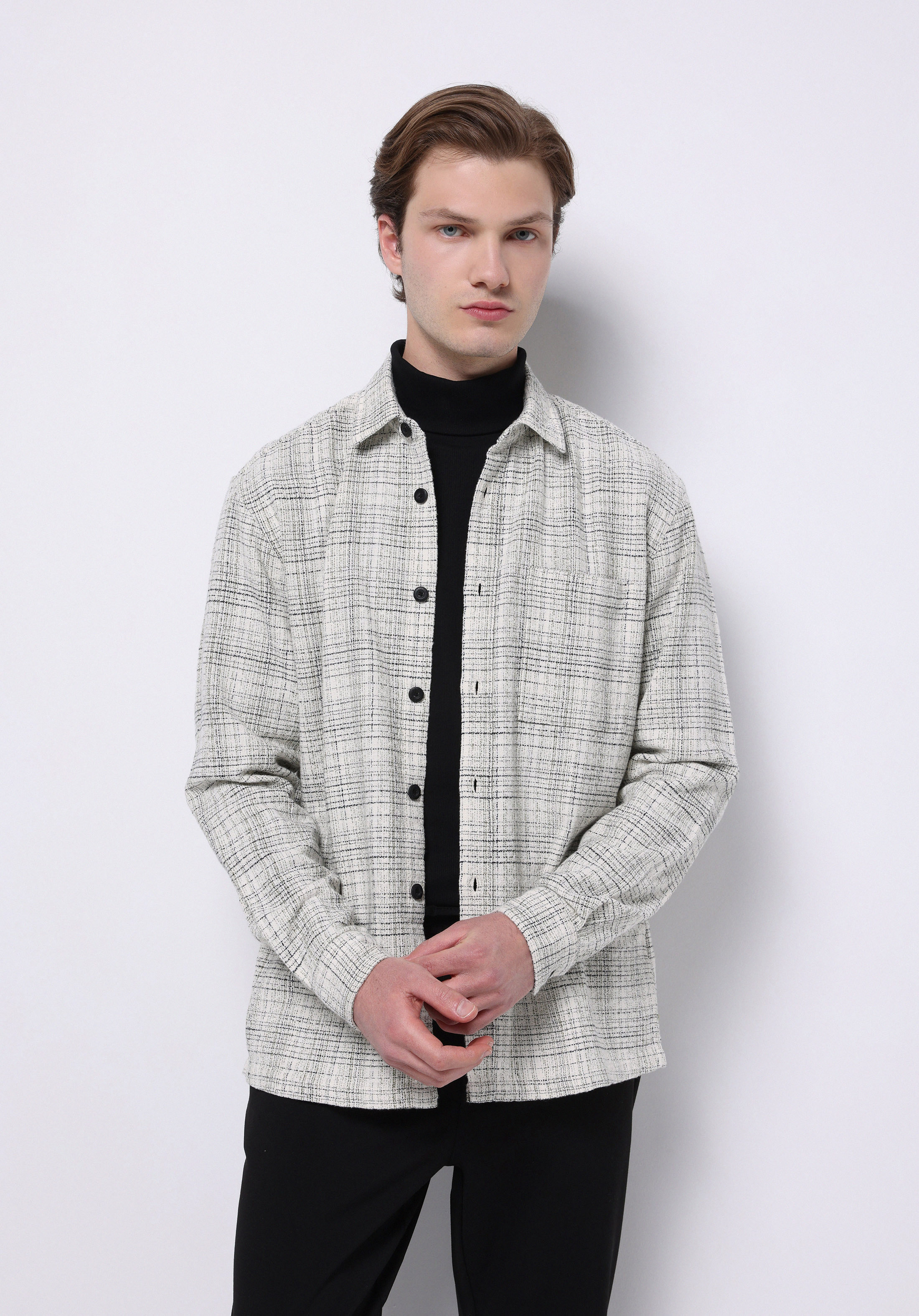 Regular Fit Shirt Neck Ekoseli Erkek Ekru Uzun Kol Gömlek