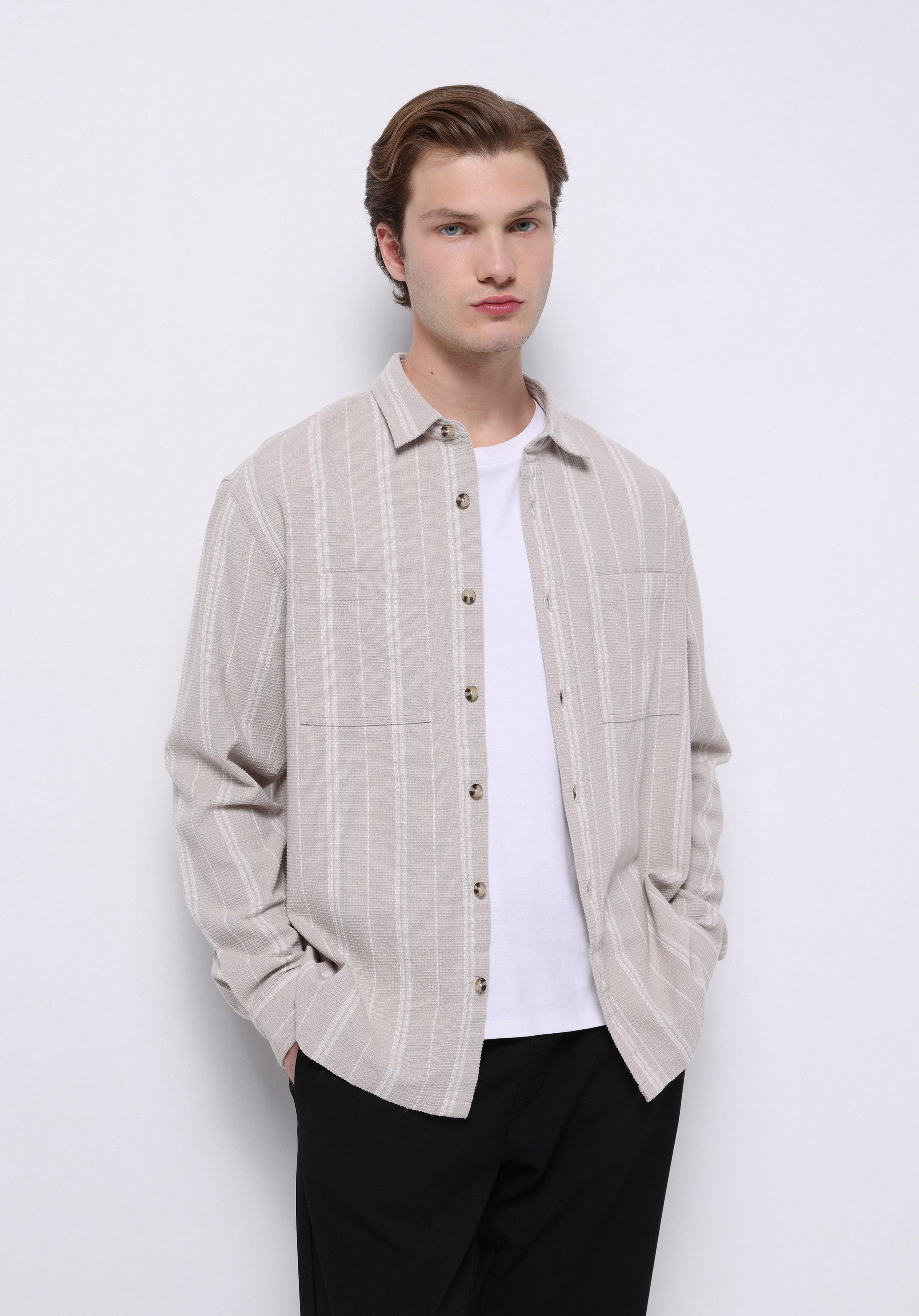 Regular Fit Shirt Neck Çizgili Erkek Bej Uzun Kol Gömlek