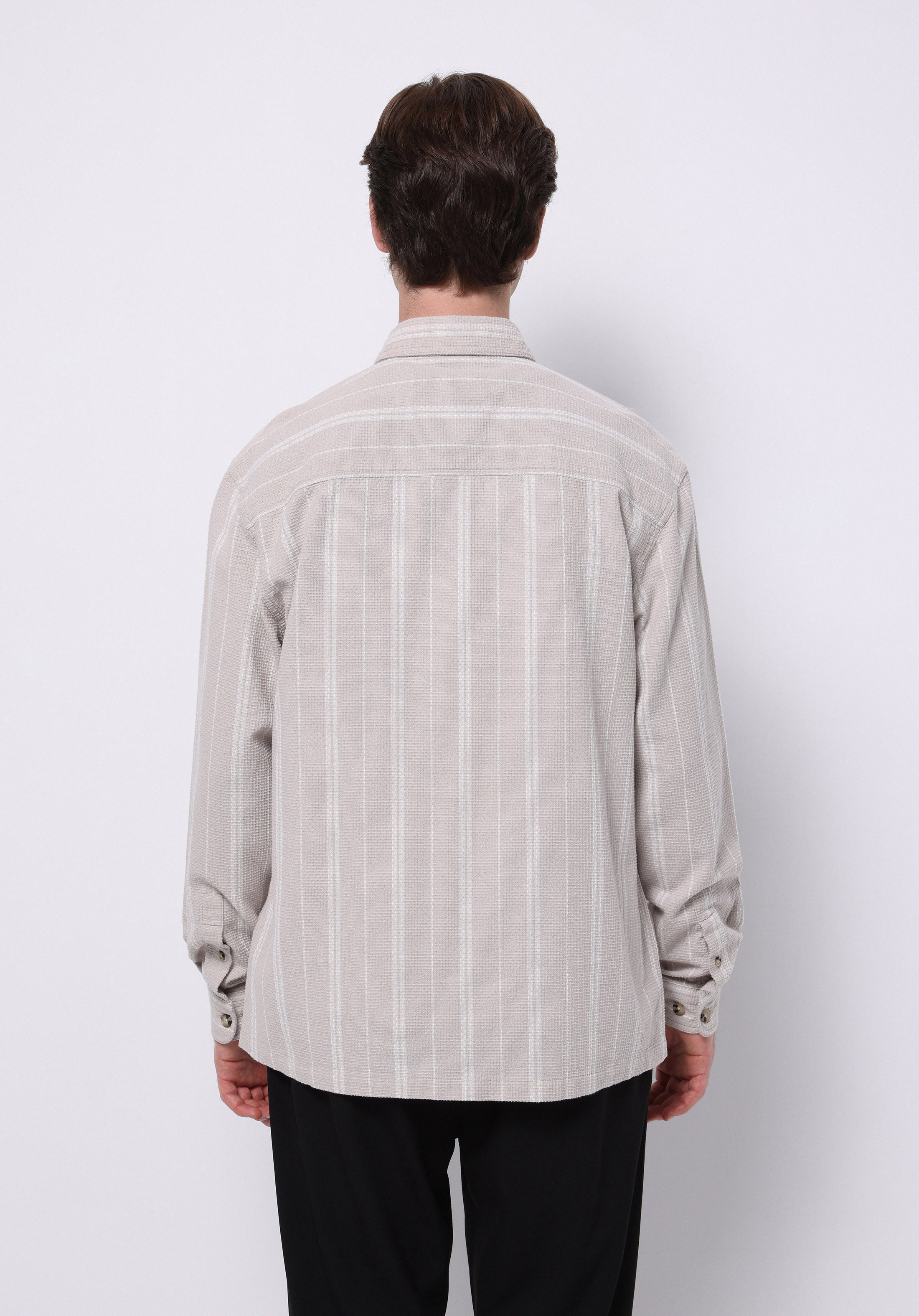 Regular Fit Shirt Neck Çizgili Erkek Bej Uzun Kol Gömlek