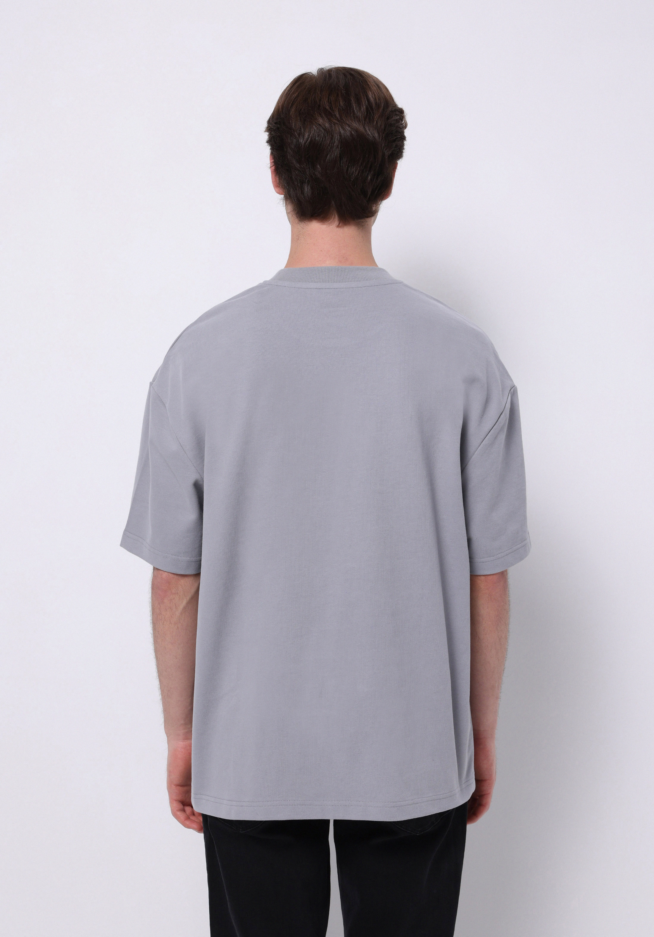 Oversize Fit Yuvarlak Yaka Düz Erkek Gri Kısa Kol Tişört