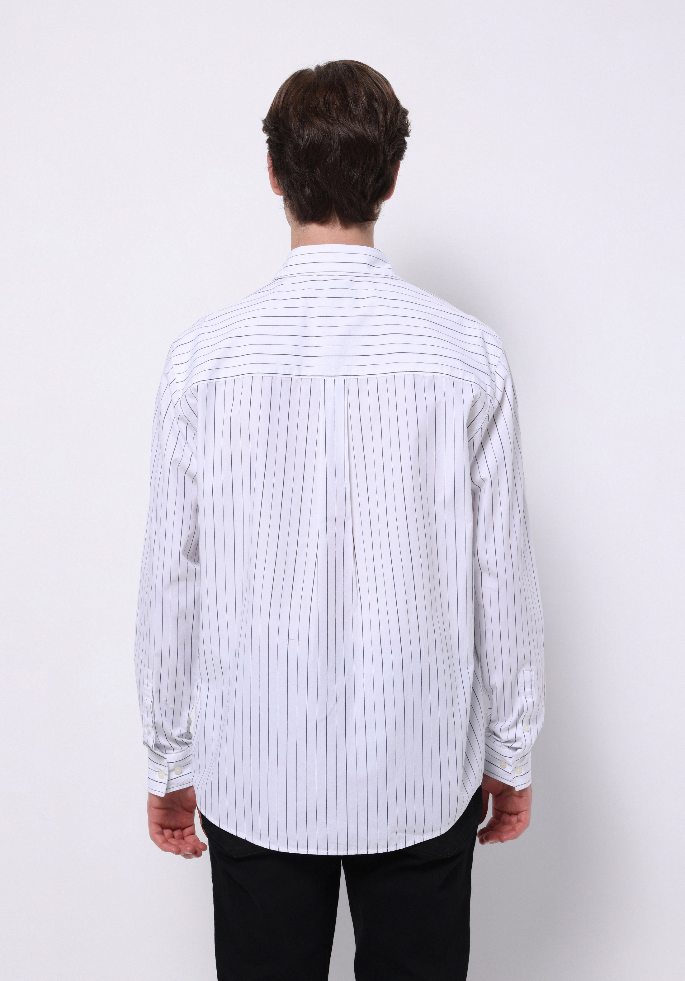 Comfort Fit Shirt Neck Çizgili Erkek Beyaz Uzun Kol Gömlek