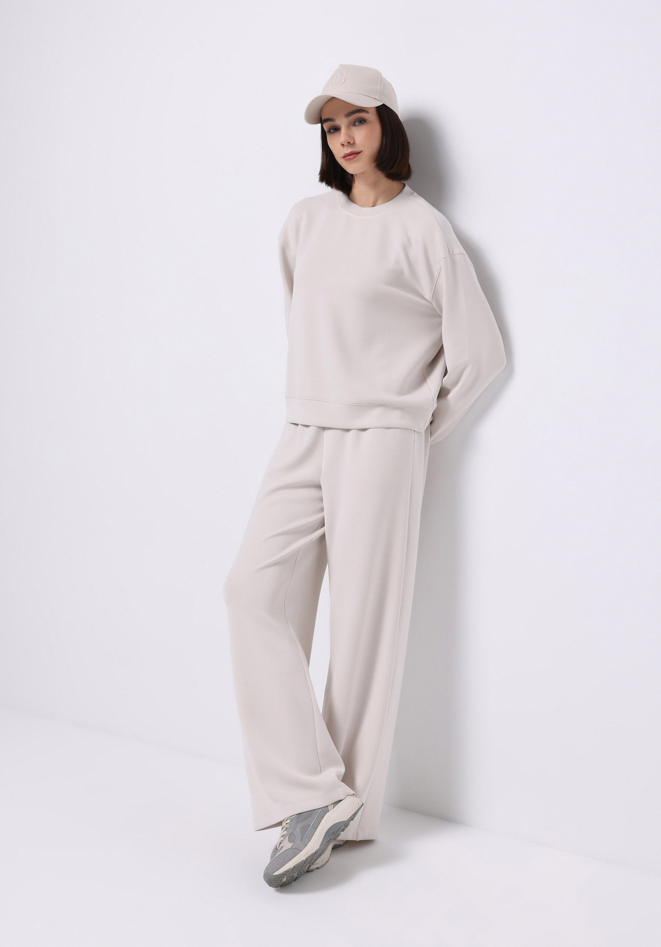 Regular Fit Orta Bel Düz Kadın Ekru Eşofman Altı