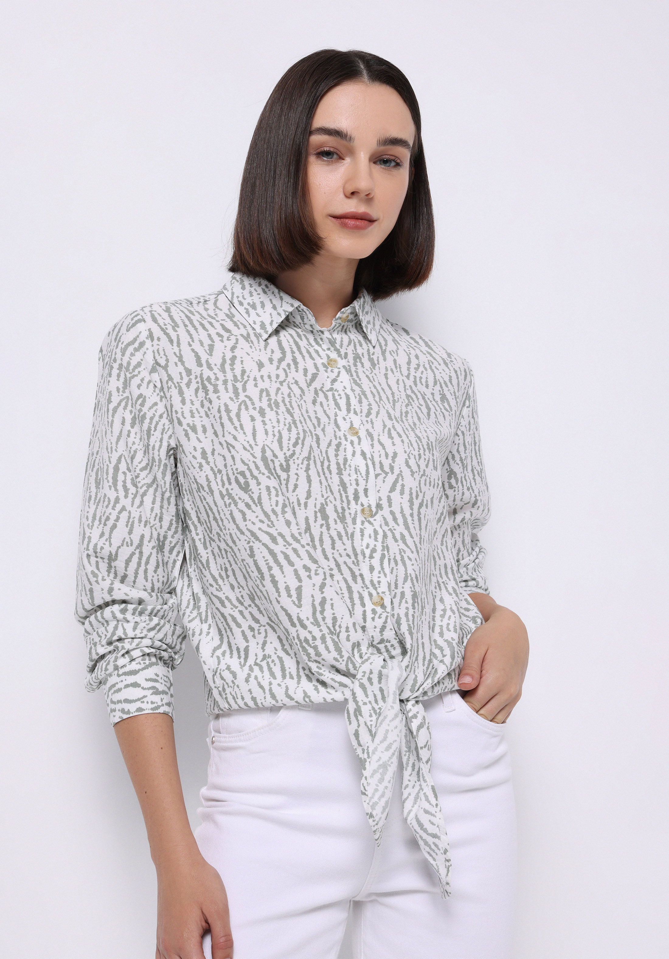 Regular Fit Shirt Neck Baskılı Kadın Yeşil Uzun Kol Gömlek