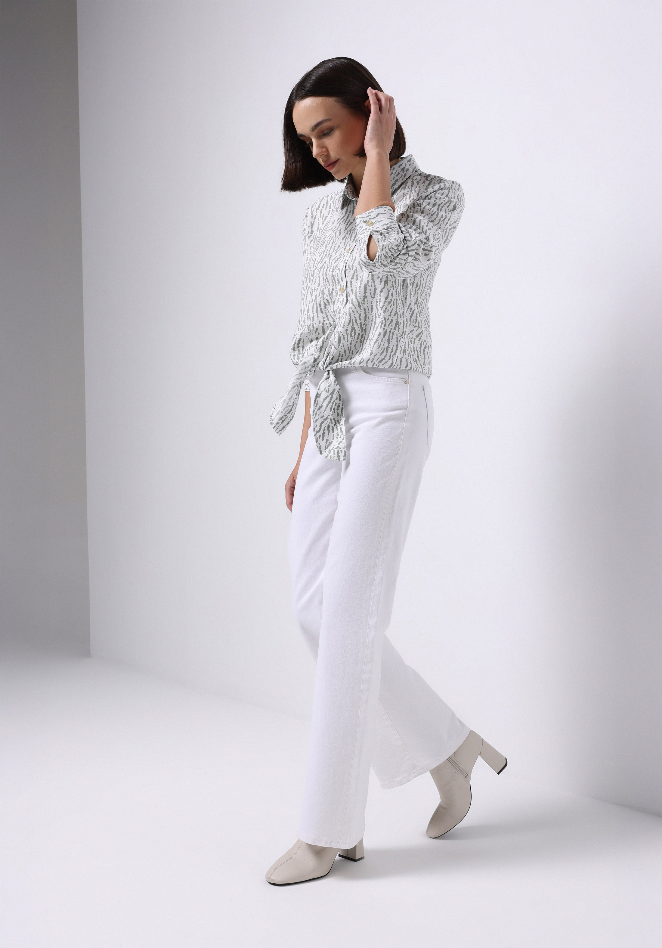 Regular Fit Shirt Neck Baskılı Kadın Yeşil Uzun Kol Gömlek
