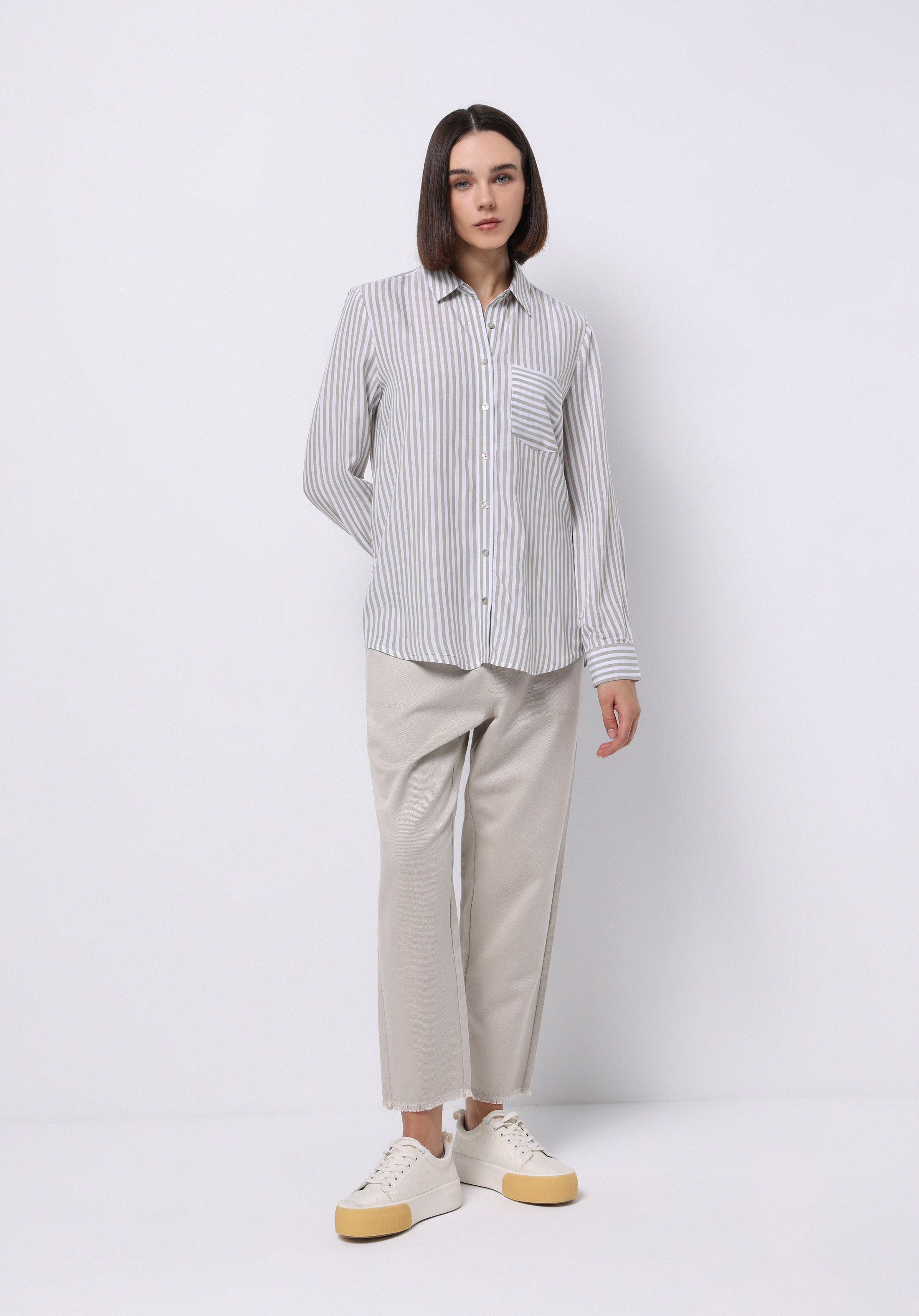 Regular Fit Shirt Neck Çizgili Kadın Yeşil Uzun Kol Gömlek