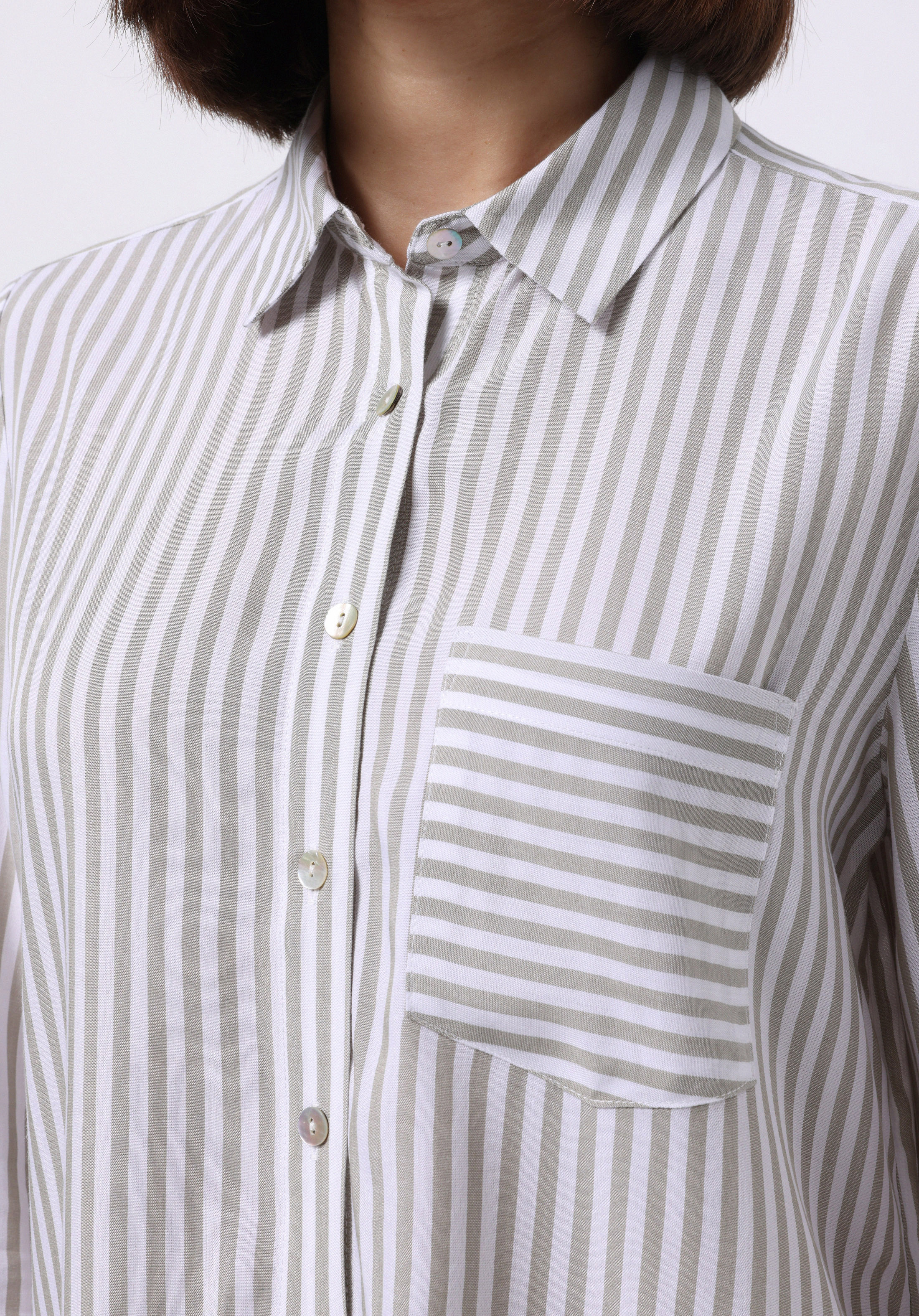 Regular Fit Shirt Neck Çizgili Kadın Yeşil Uzun Kol Gömlek