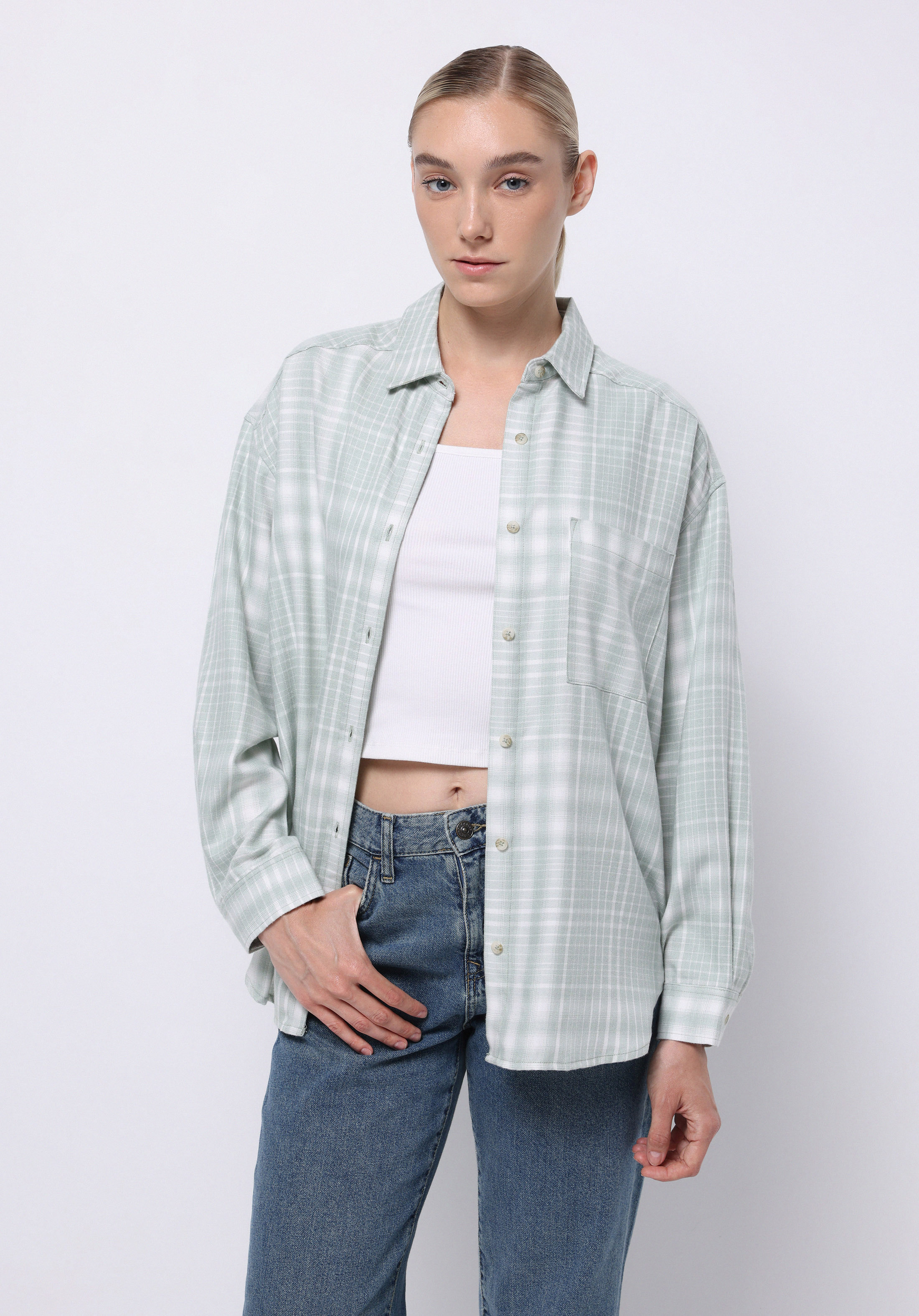 Relax Fit Shirt Neck Ekoseli Kadın Yeşil Uzun Kol Gömlek