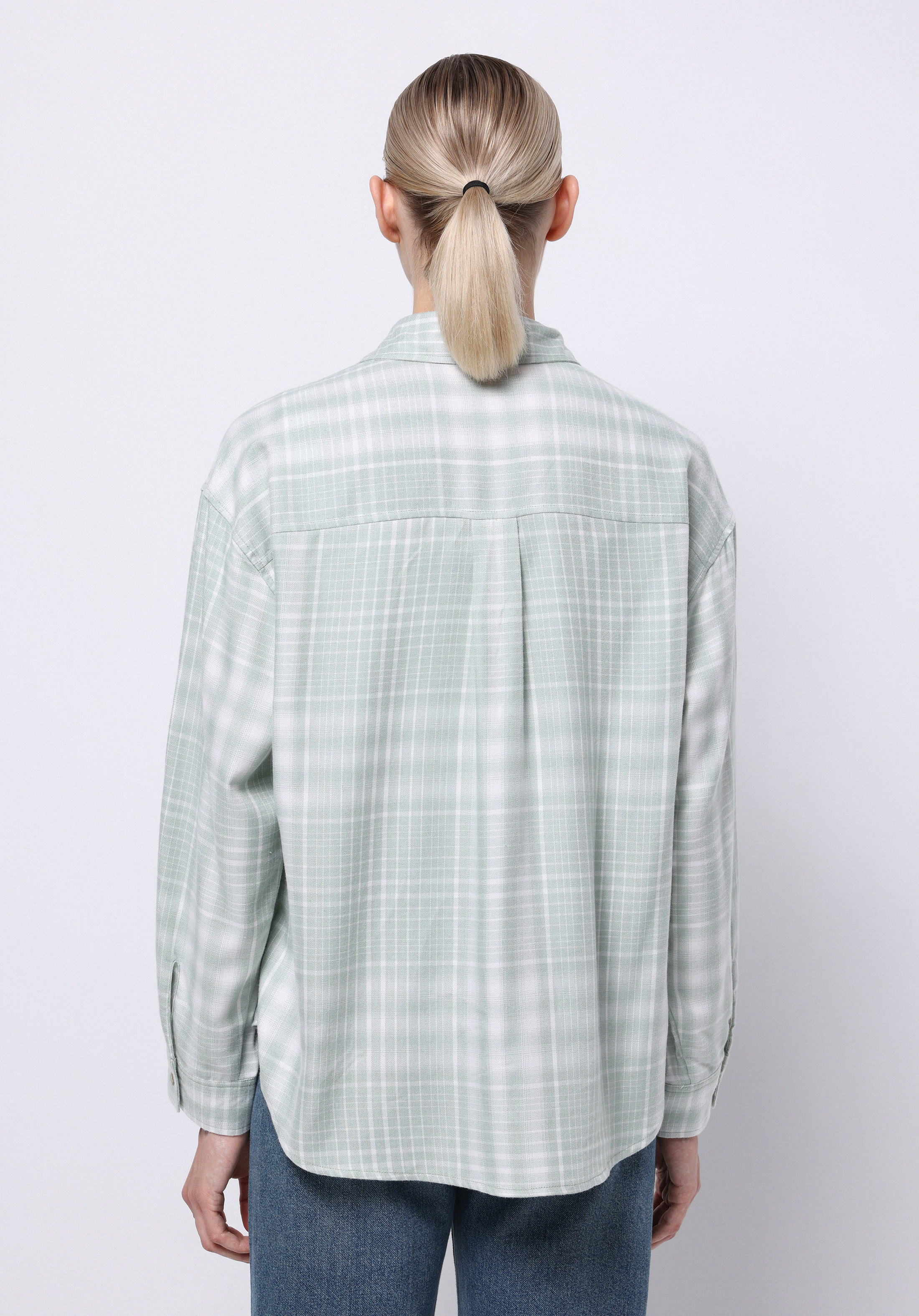 Relax Fit Shirt Neck Ekoseli Kadın Yeşil Uzun Kol Gömlek