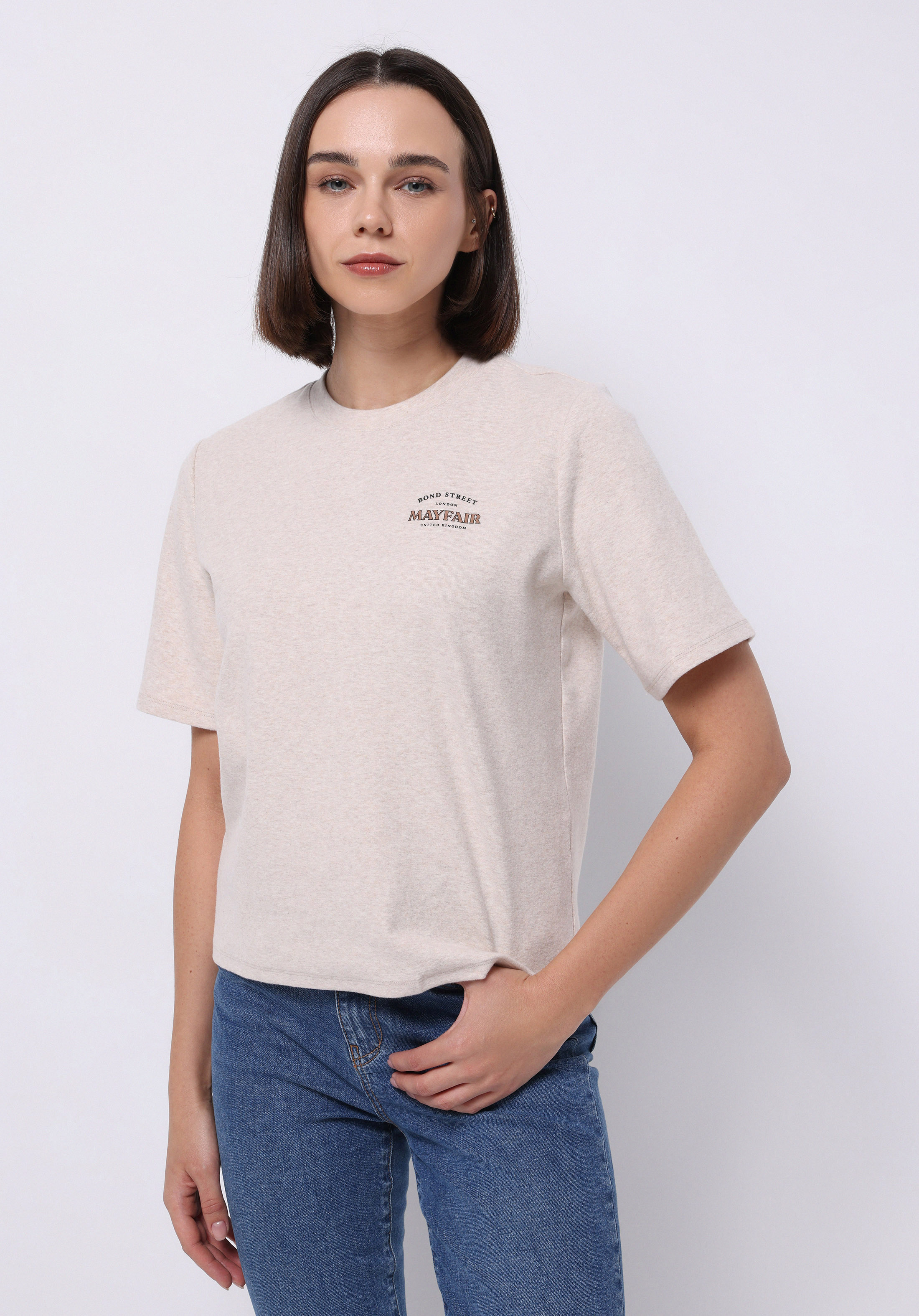Regular Fit Yuvarlak Yaka Baskılı Kadın Bej Kısa Kol Tişört