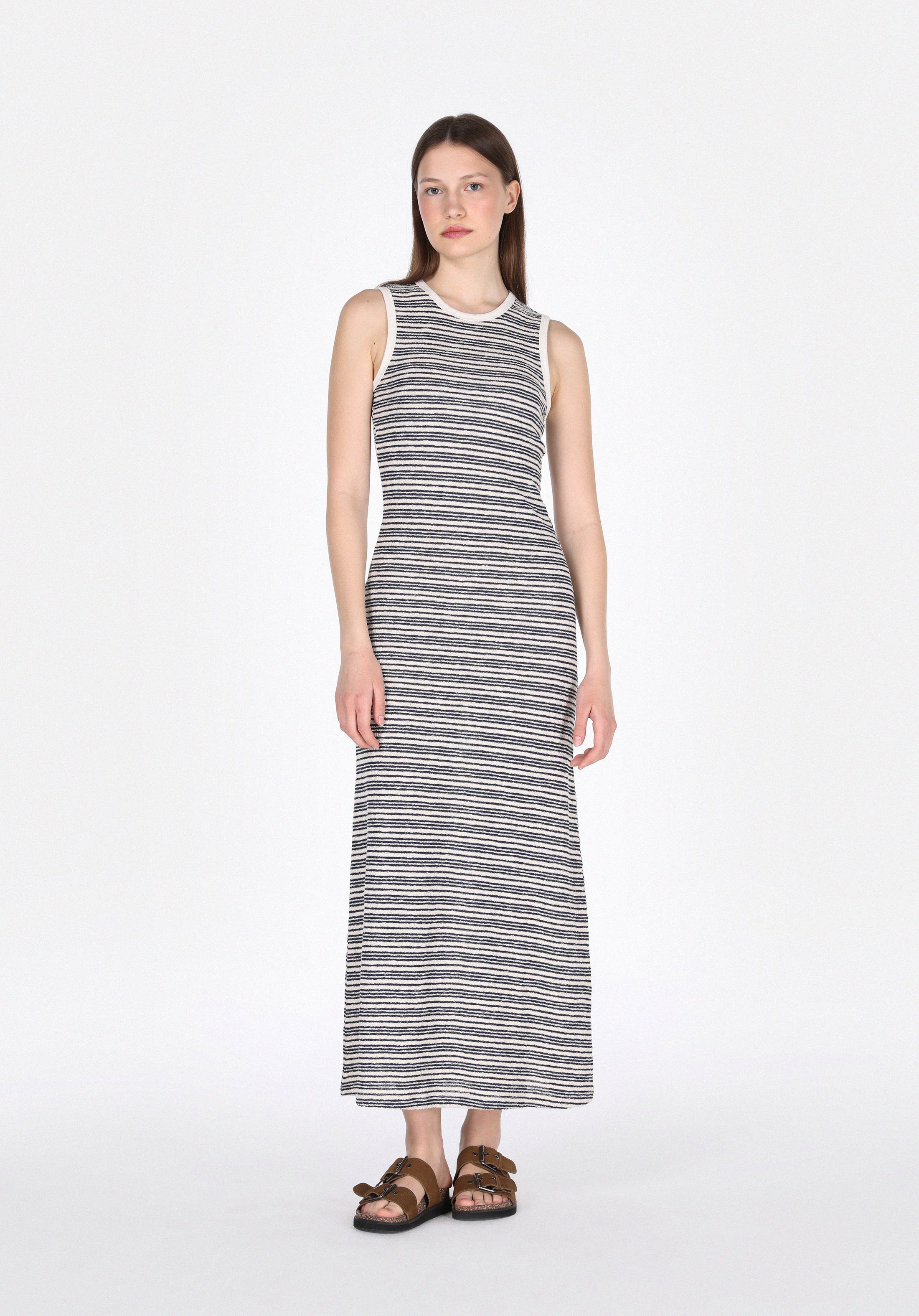 Slim Fit Çizgili Kadın Lacivert Kolsuz Elbise