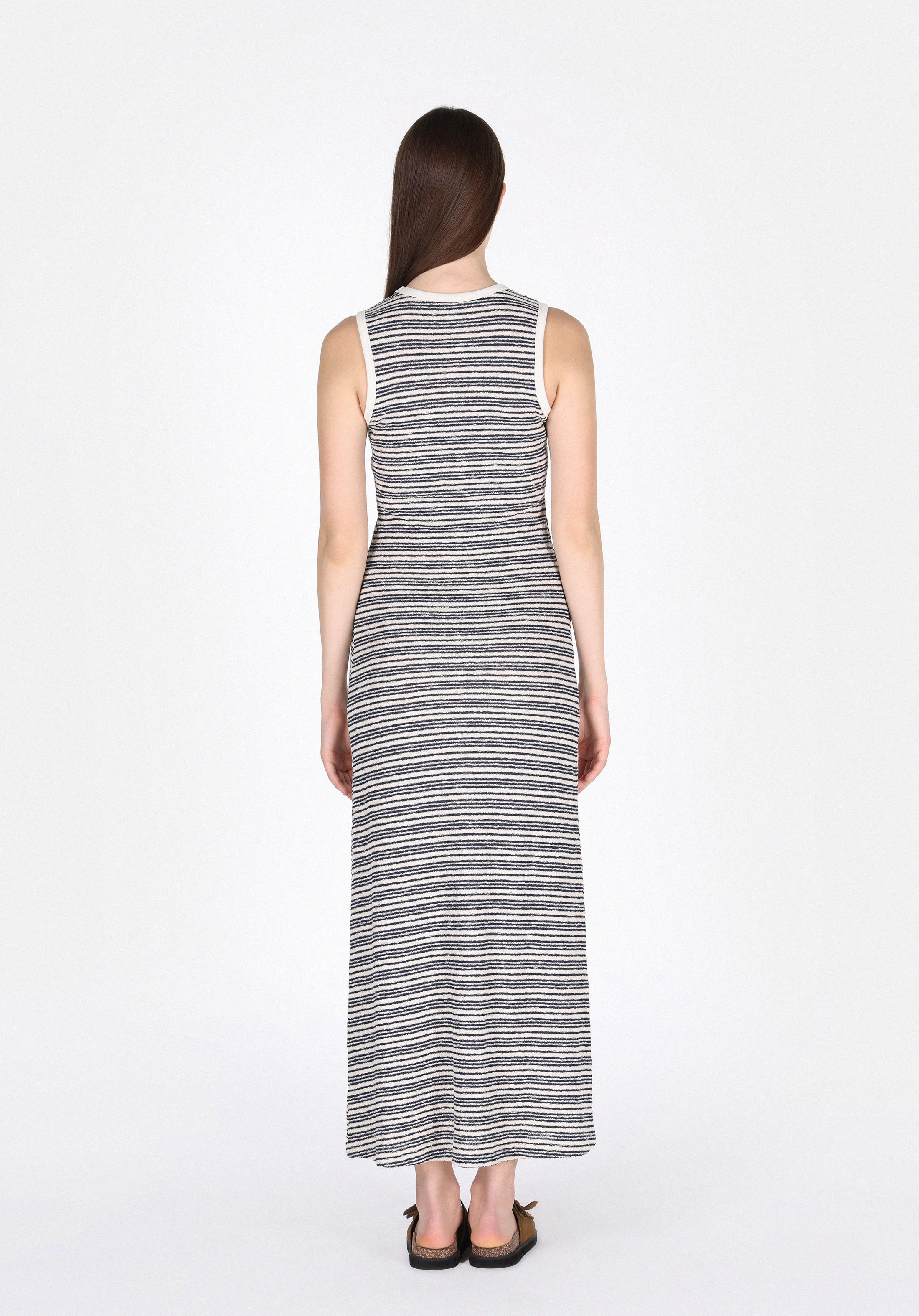 Slim Fit Çizgili Kadın Lacivert Kolsuz Elbise