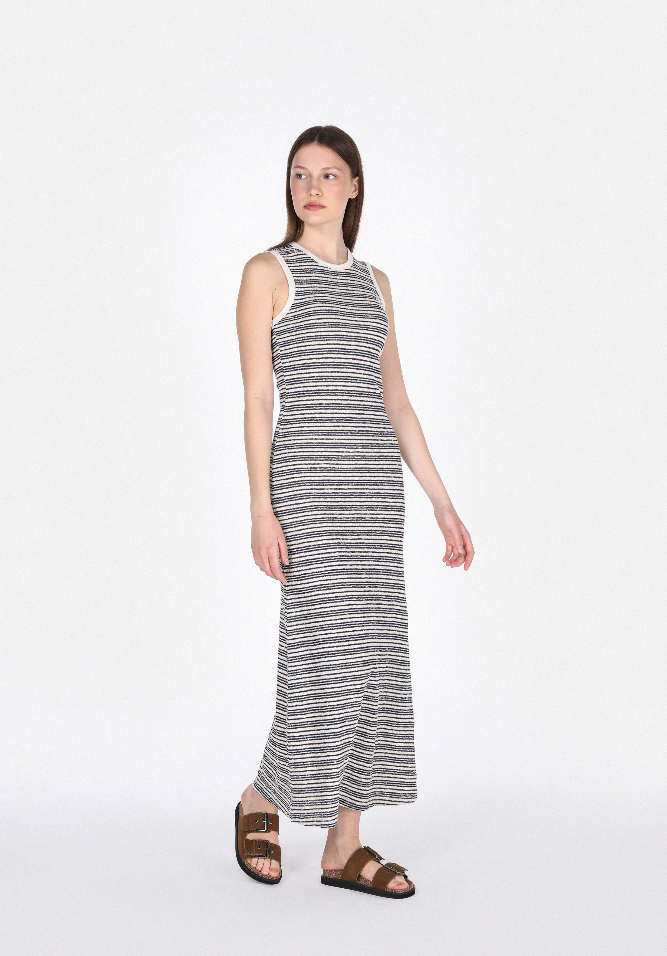 Slim Fit Çizgili Kadın Lacivert Kolsuz Elbise