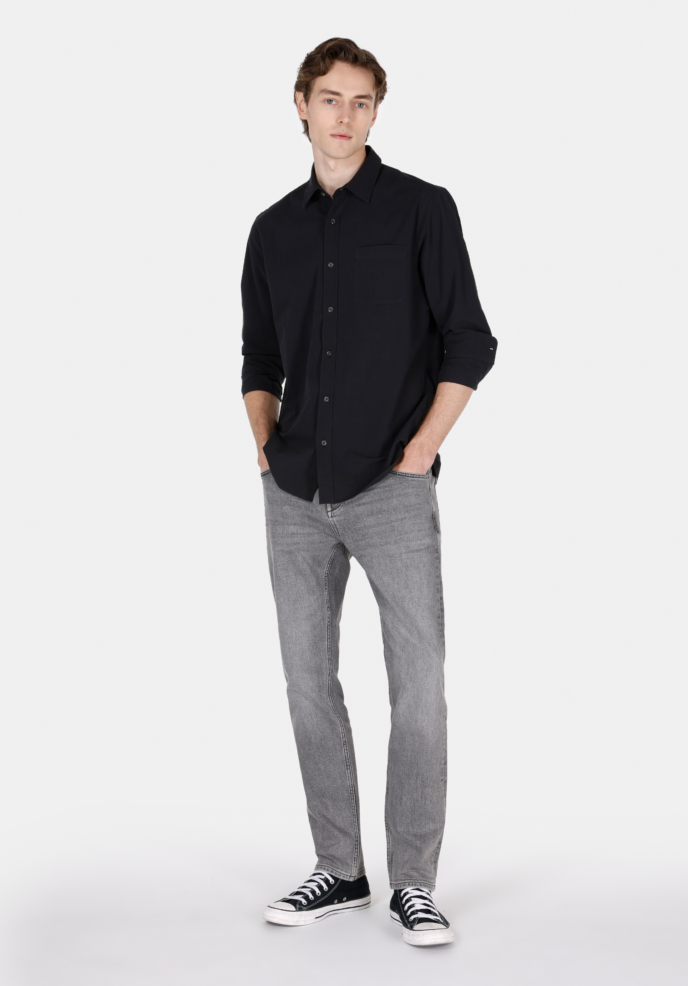 Regular Fit Shirt Neck Pamuklu Düz Erkek Siyah Uzun Kol Gömlek