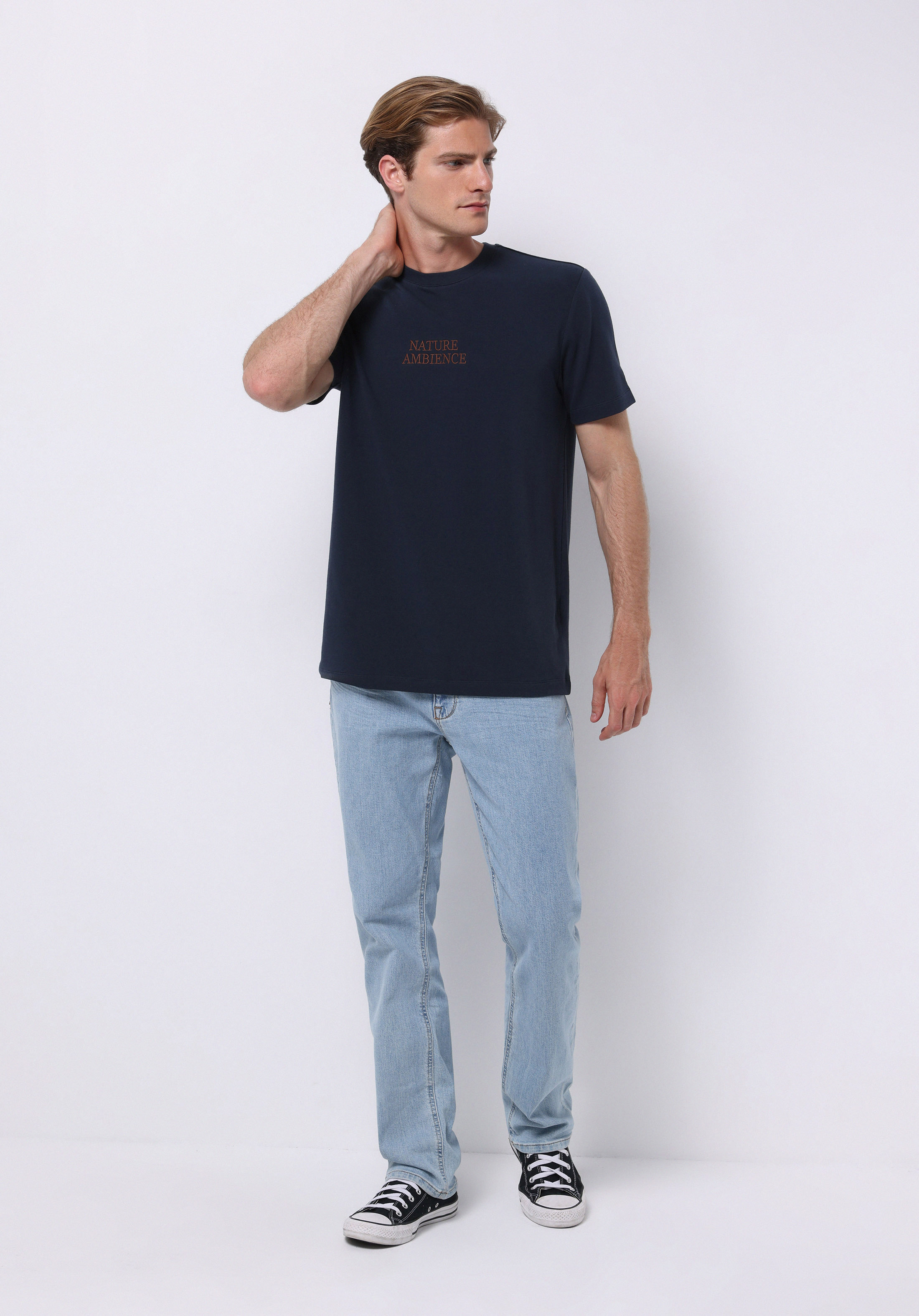 Regular Fit Yuvarlak Yaka Düz Erkek Lacivert Kısa Kol Tişört