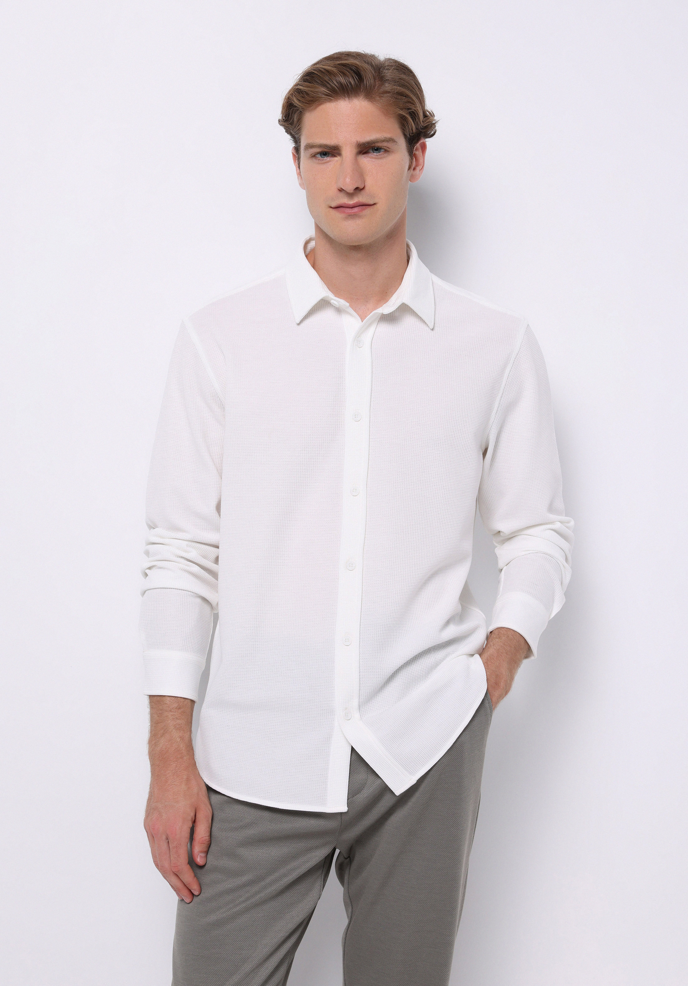 Regular Fit Shirt Neck Düz Erkek Beyaz Uzun Kol Gömlek