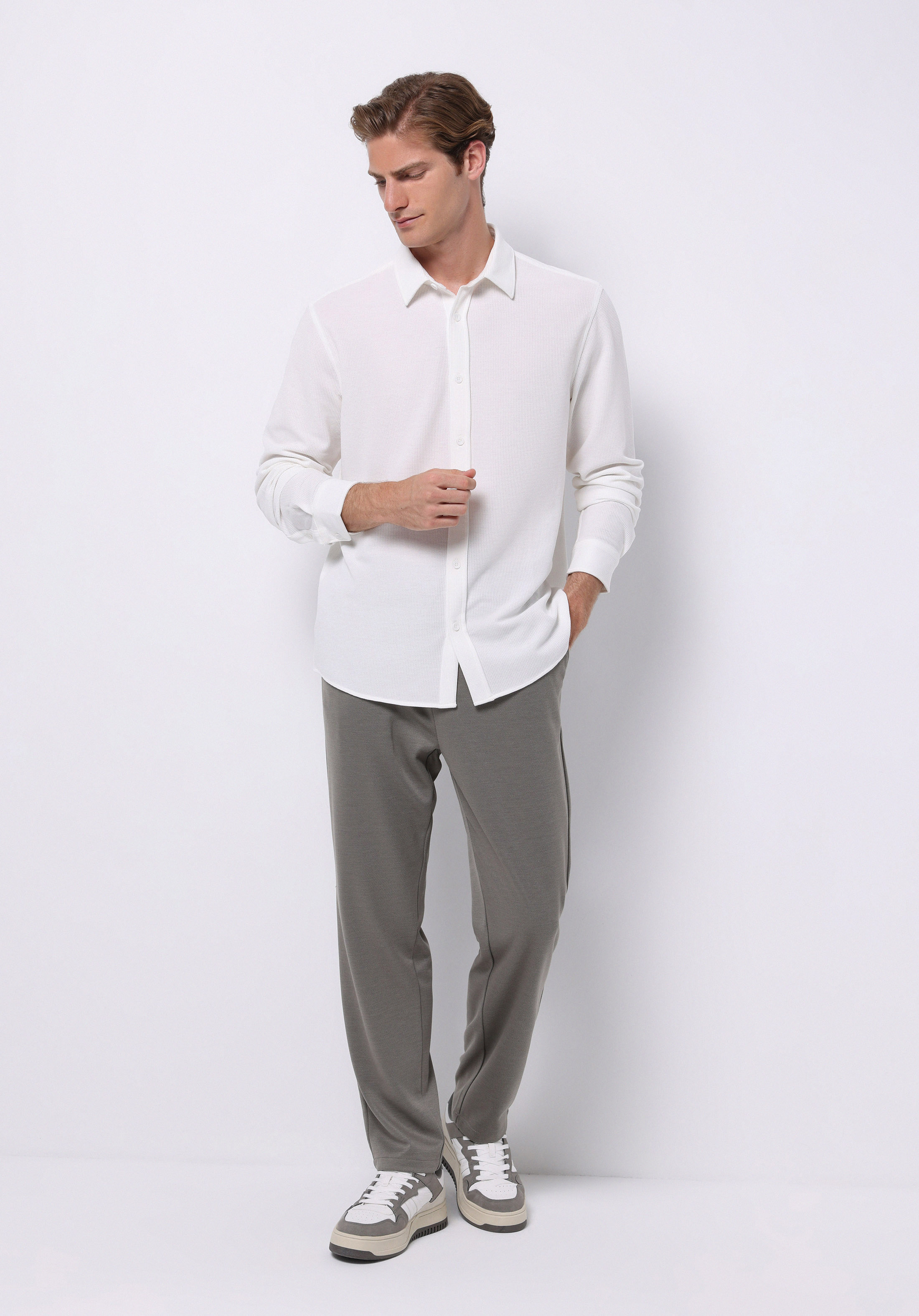 Regular Fit Shirt Neck Düz Erkek Beyaz Uzun Kol Gömlek