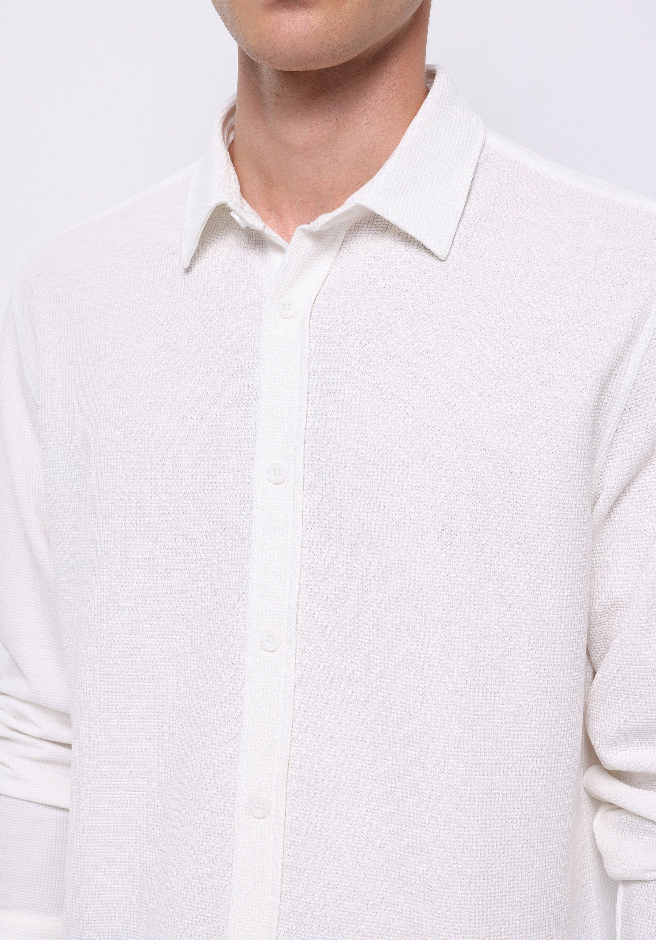 Regular Fit Shirt Neck Düz Erkek Beyaz Uzun Kol Gömlek