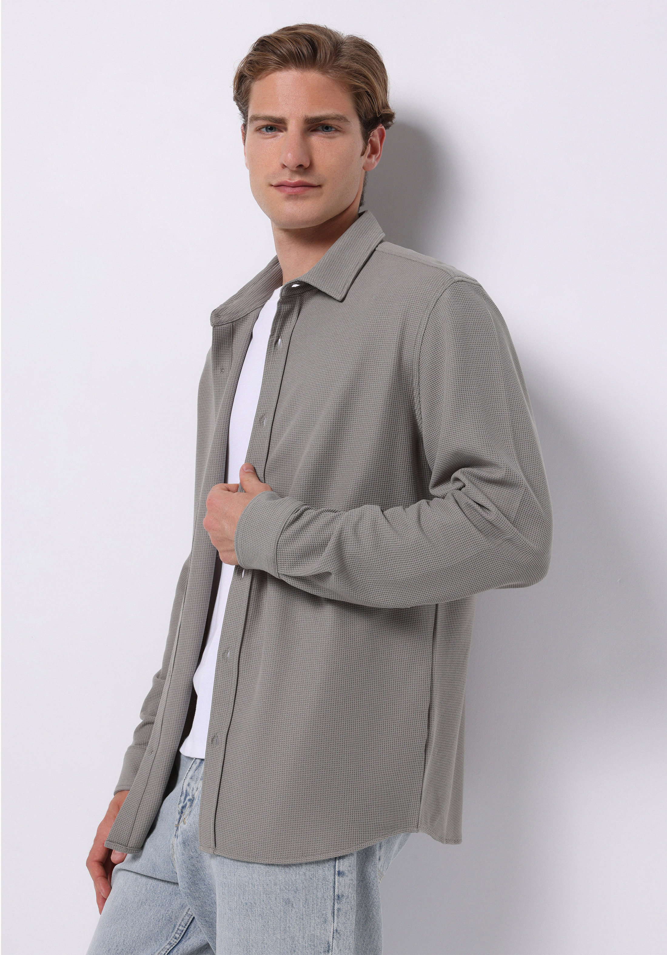 Regular Fit Shirt Neck Düz Erkek Yeşil Uzun Kol Gömlek
