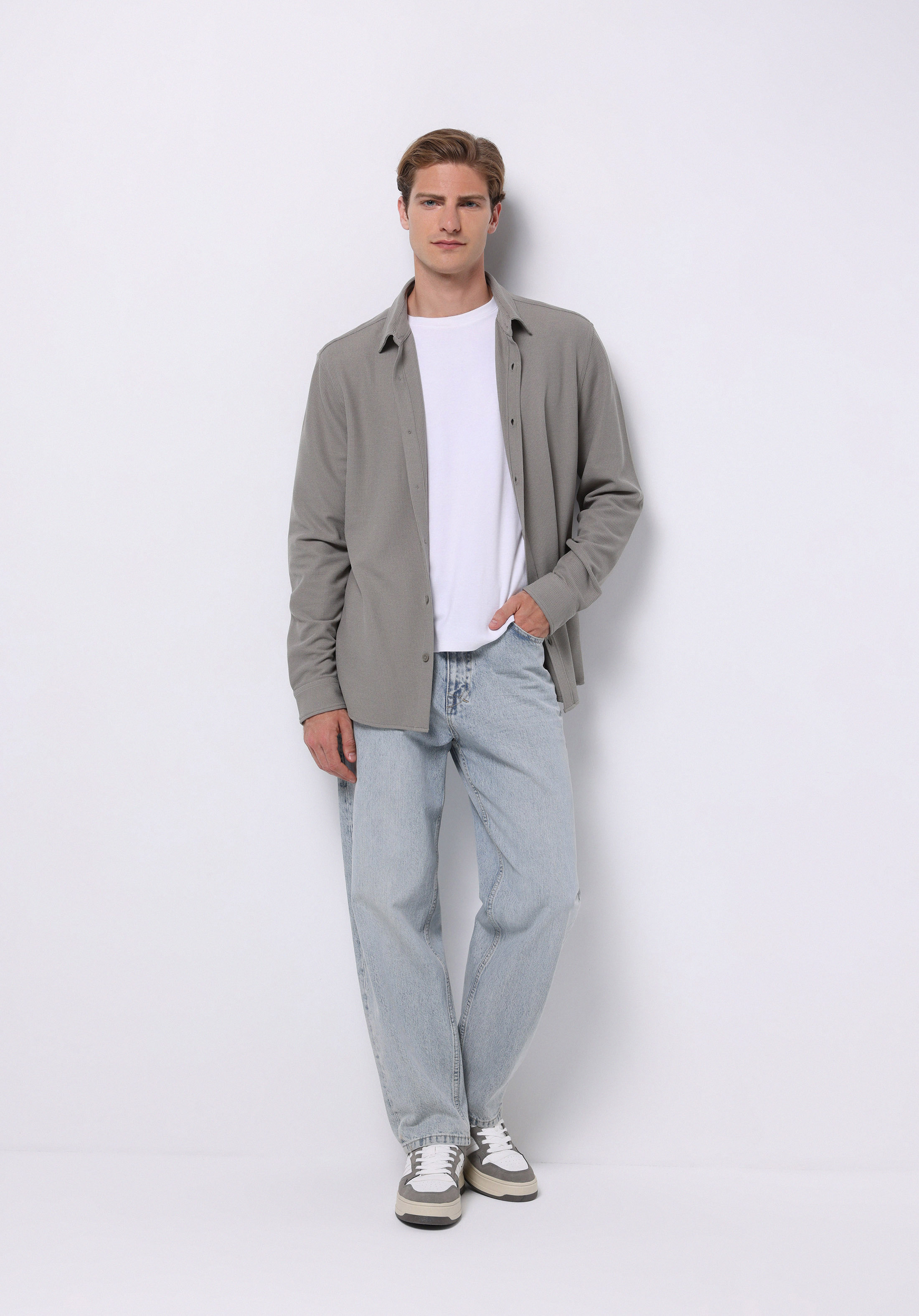 Regular Fit Shirt Neck Düz Erkek Yeşil Uzun Kol Gömlek