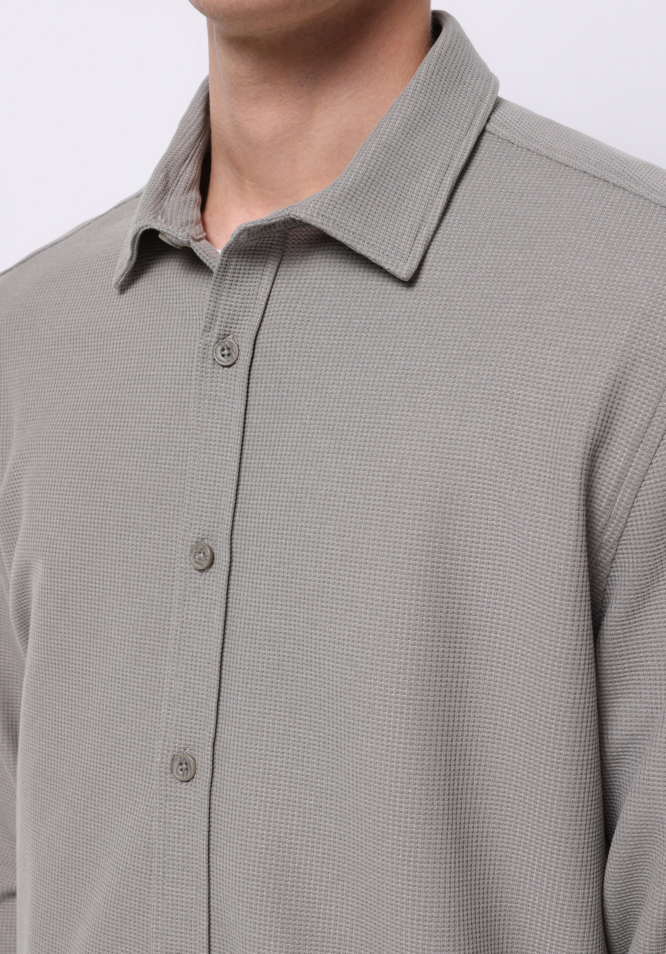 Regular Fit Shirt Neck Düz Erkek Yeşil Uzun Kol Gömlek