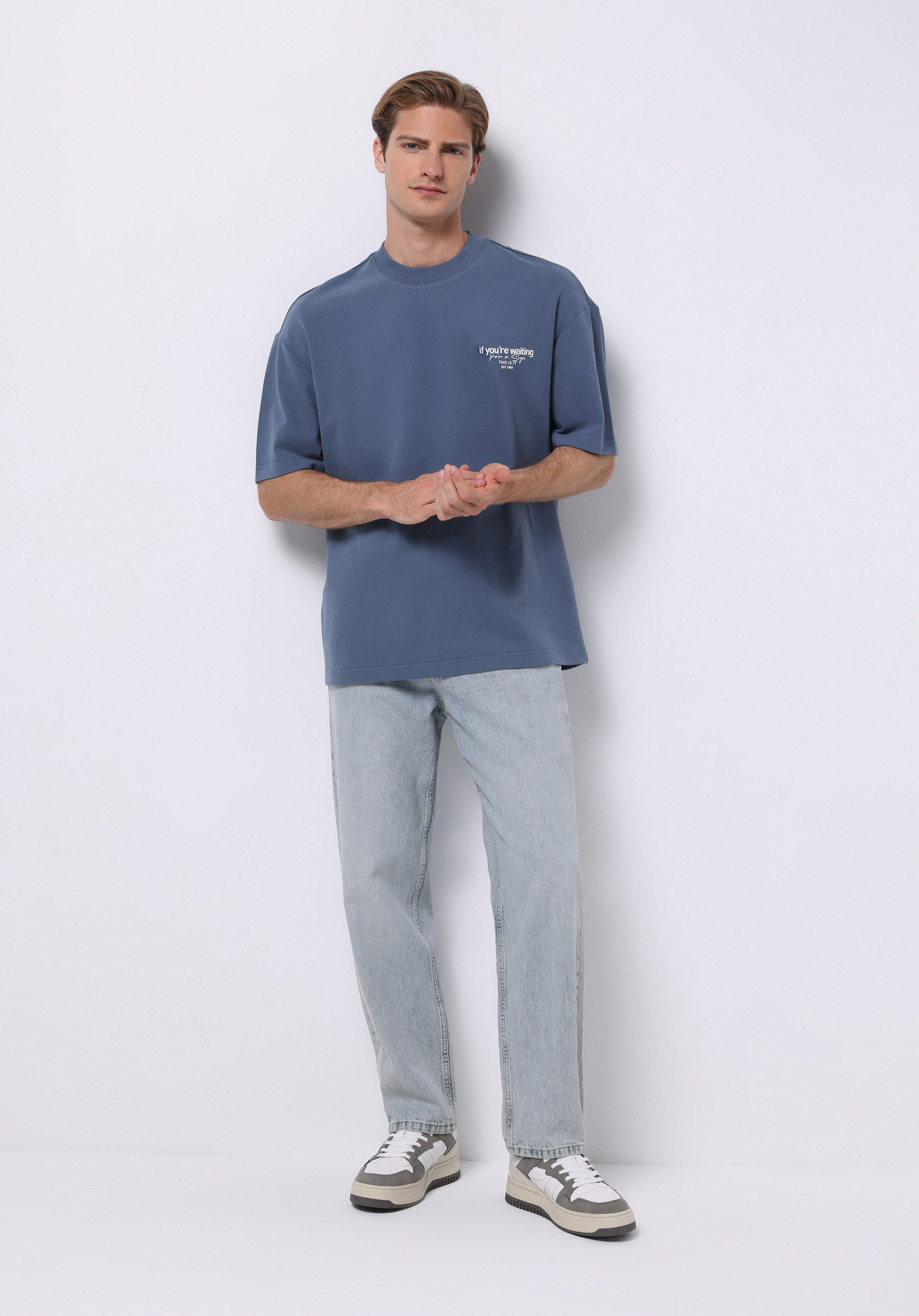 Oversize Fit Yuvarlak Yaka Düz Erkek Mavi Kısa Kol Tişört