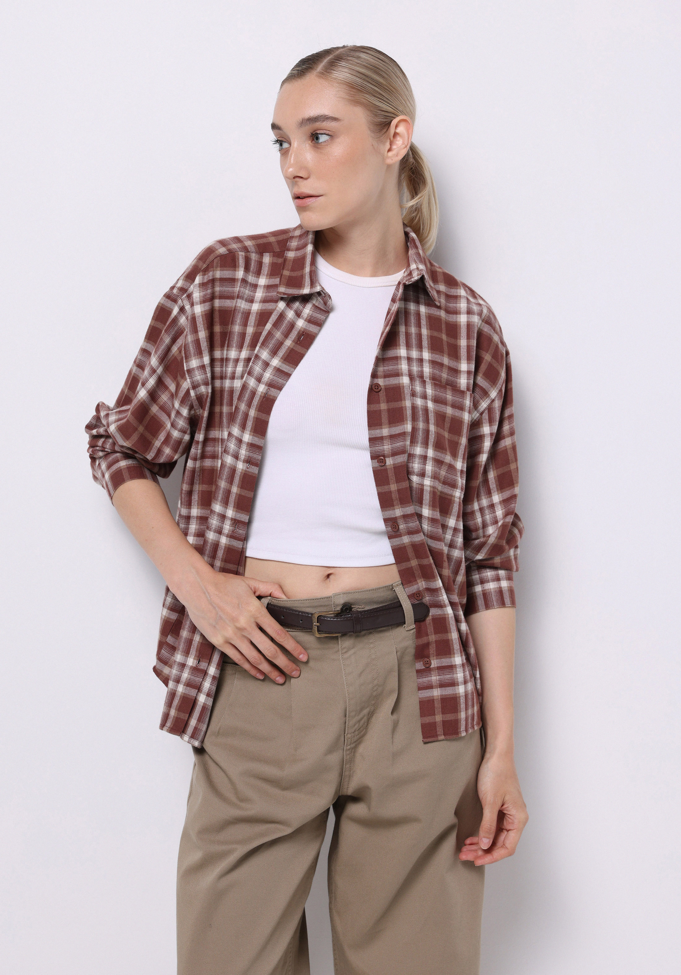 Relax Fit Shirt Neck Ekoseli Kadın Kahverengi Uzun Kol Gömlek