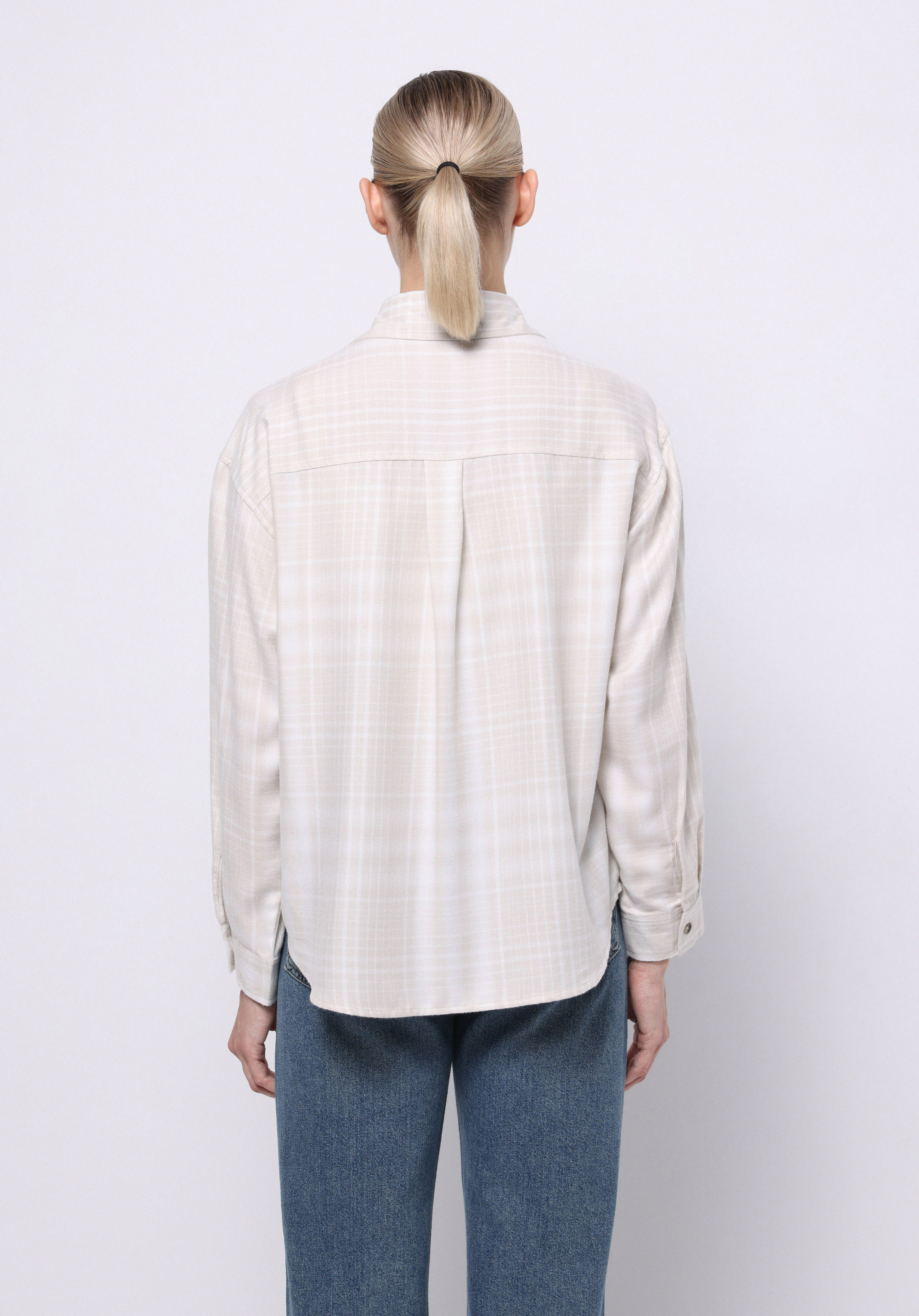 Relax Fit Shirt Neck Ekoseli Kadın Ekru Uzun Kol Gömlek