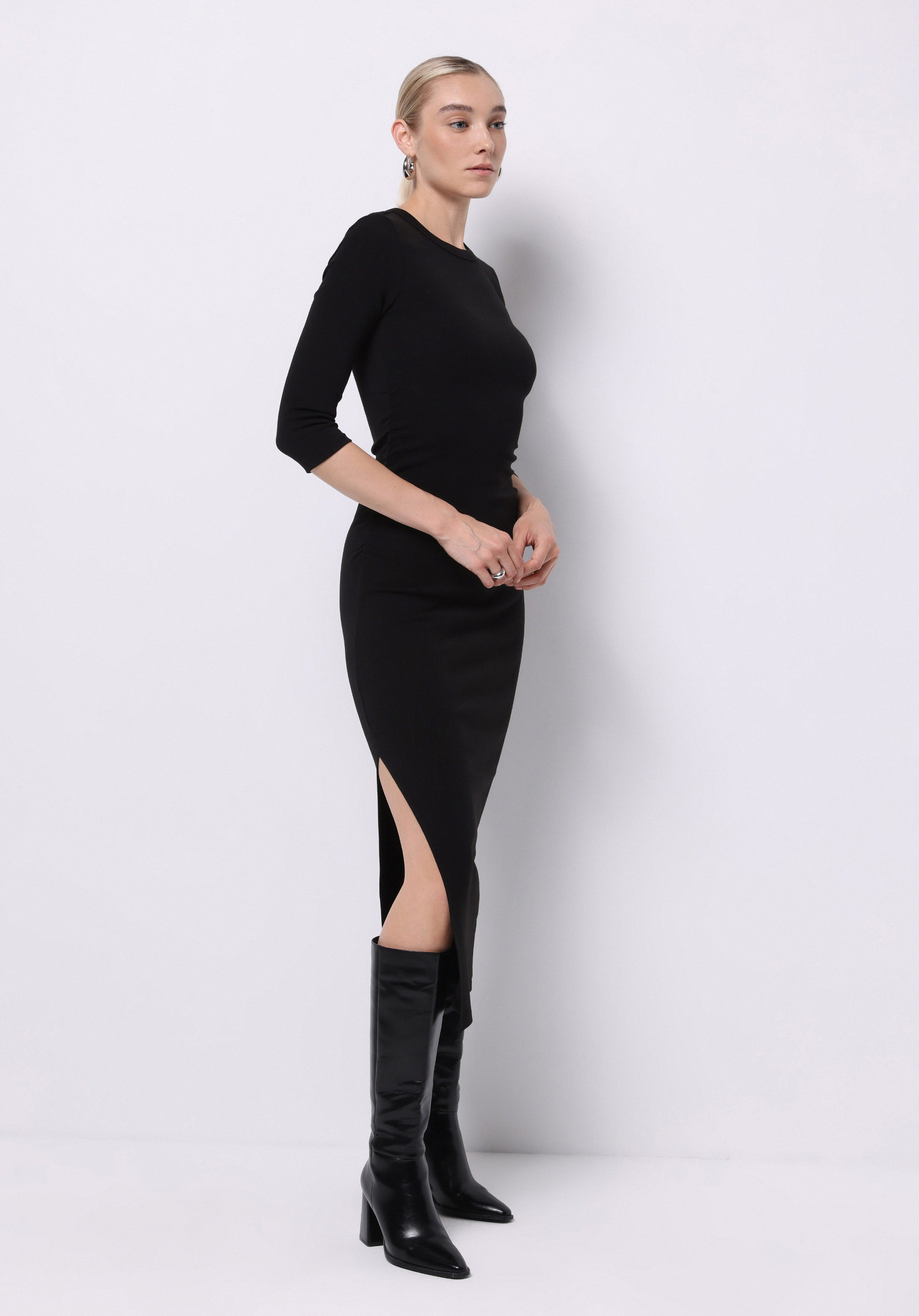Slim Fit Düz Kadın Siyah ¾ Kol Elbise