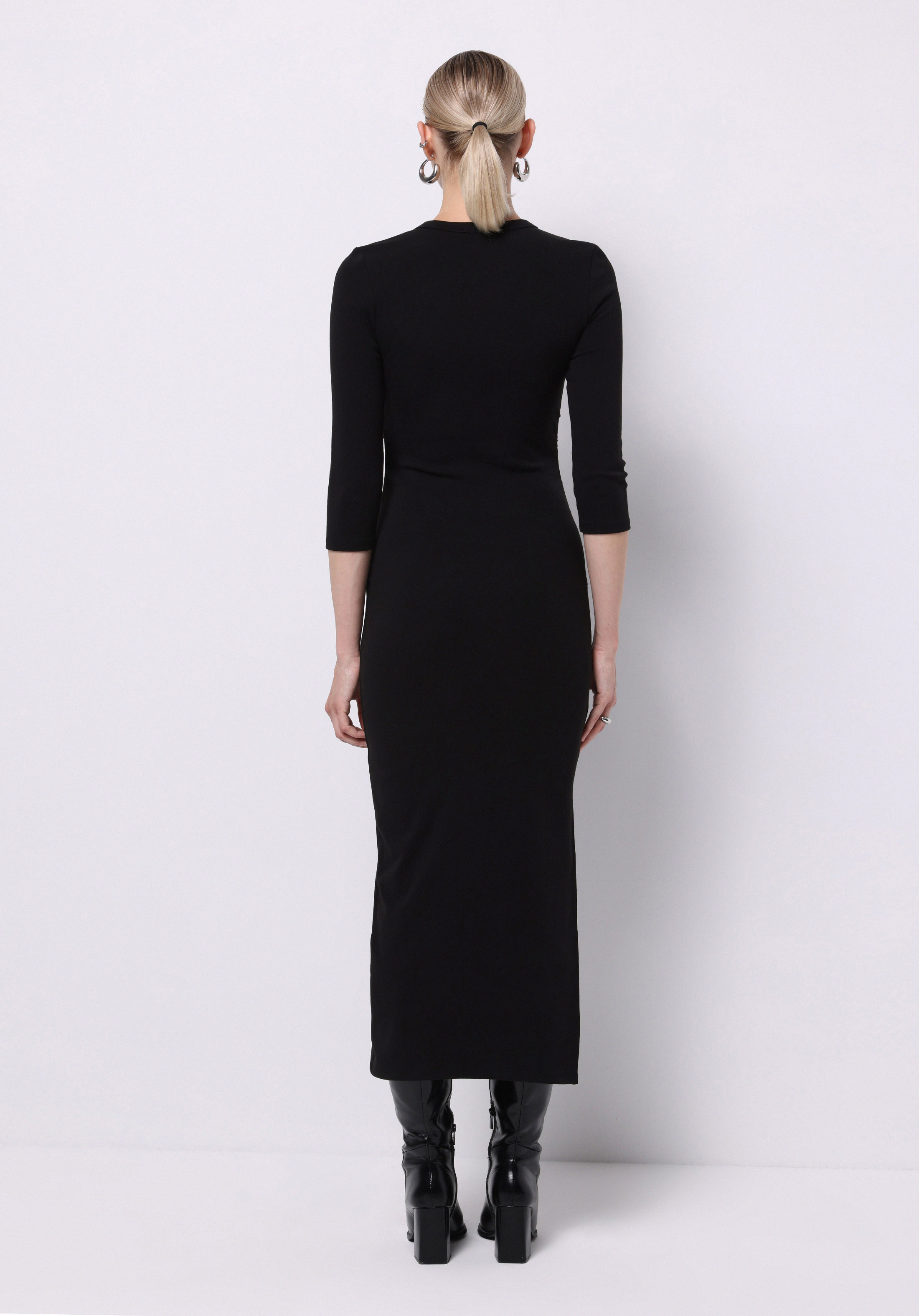 Slim Fit Düz Kadın Siyah ¾ Kol Elbise