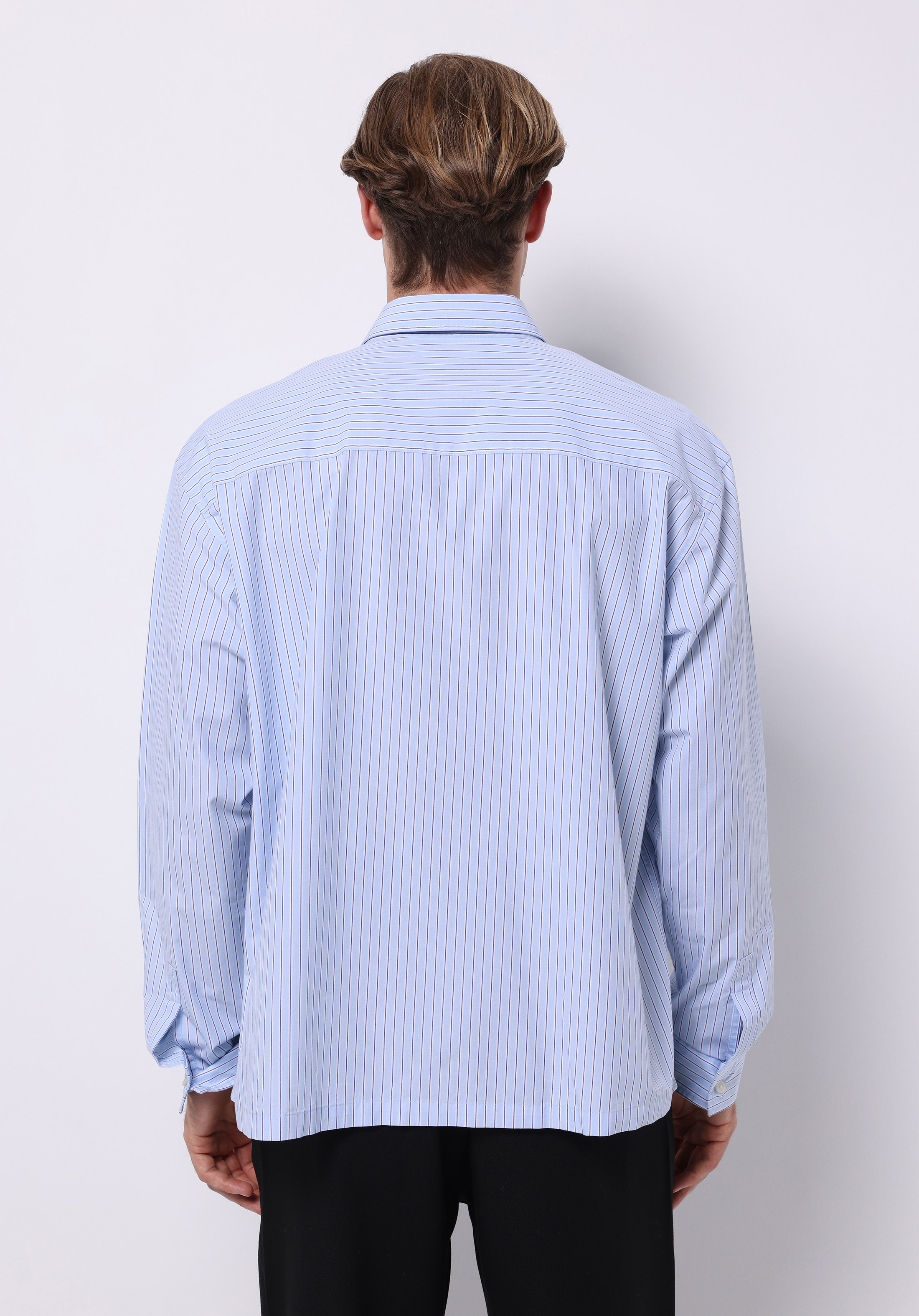 Boxy Fıt Shirt Neck Çizgili Erkek Mavi Uzun Kol Gömlek