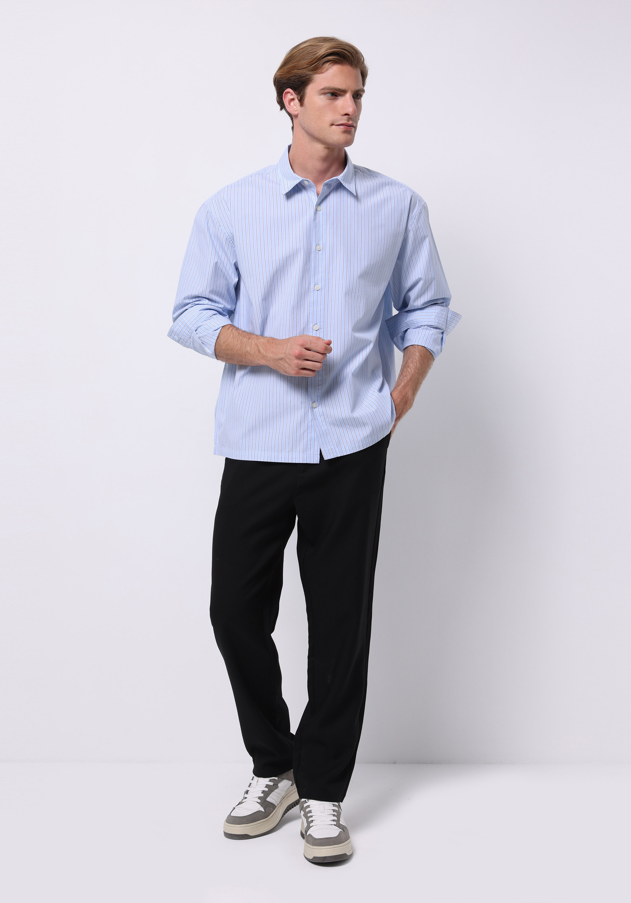 Boxy Fıt Shirt Neck Çizgili Erkek Mavi Uzun Kol Gömlek