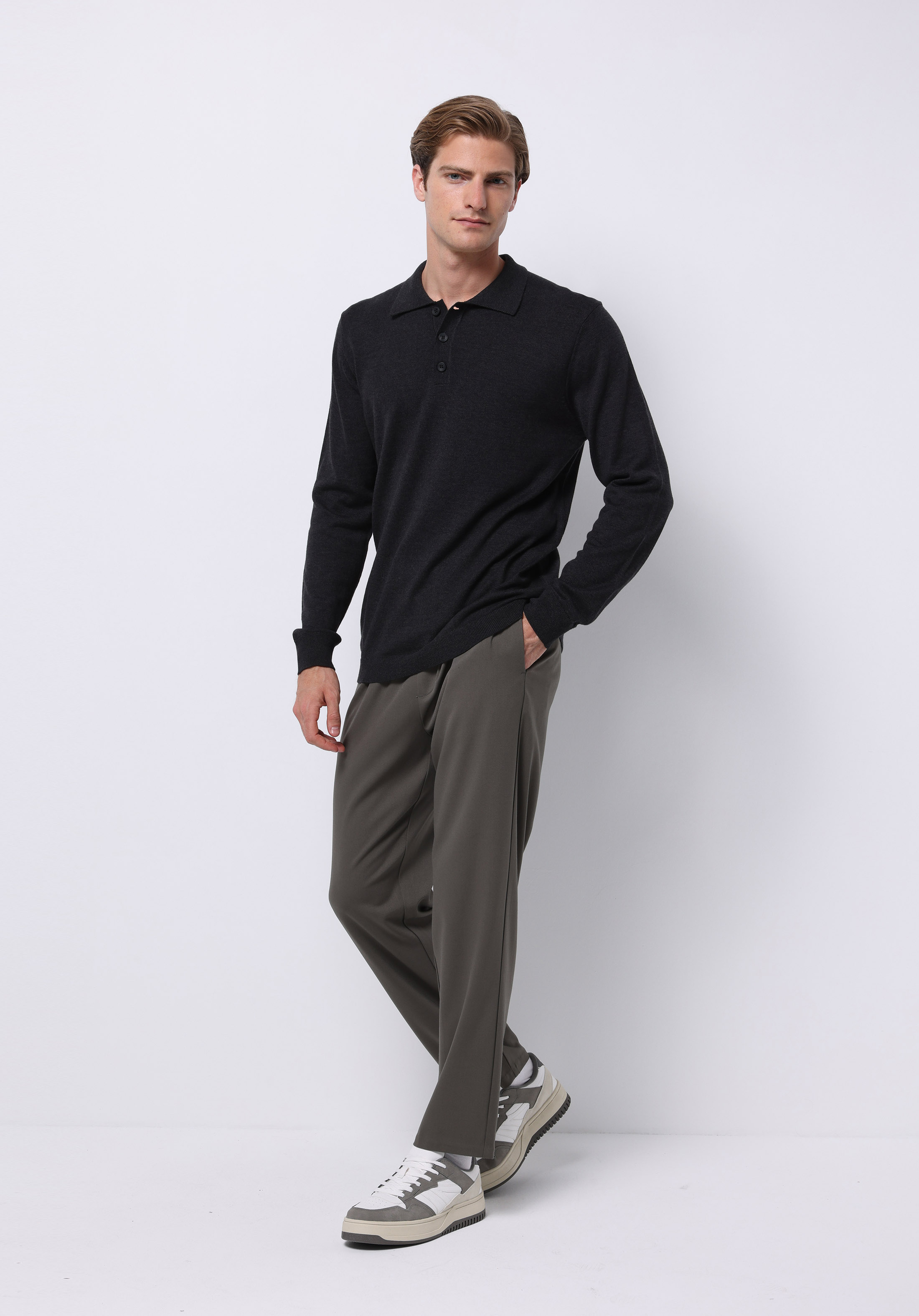 Regular Fit Polo Yaka Jakarlı Erkek Antrasit Kazak