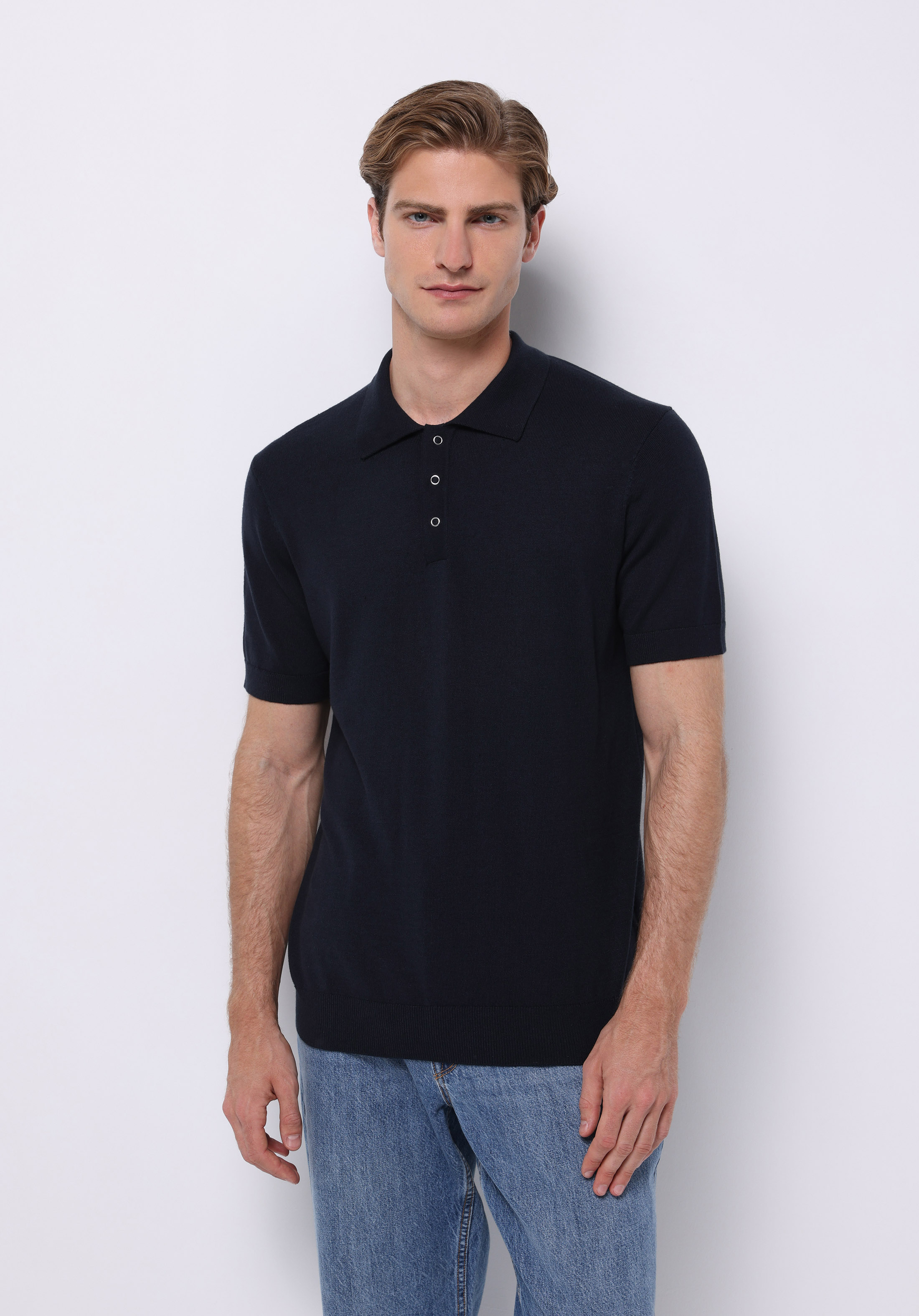 Regular Fit Polo Yaka Jakarlı Erkek Lacivert Kısa Kol Kazak
