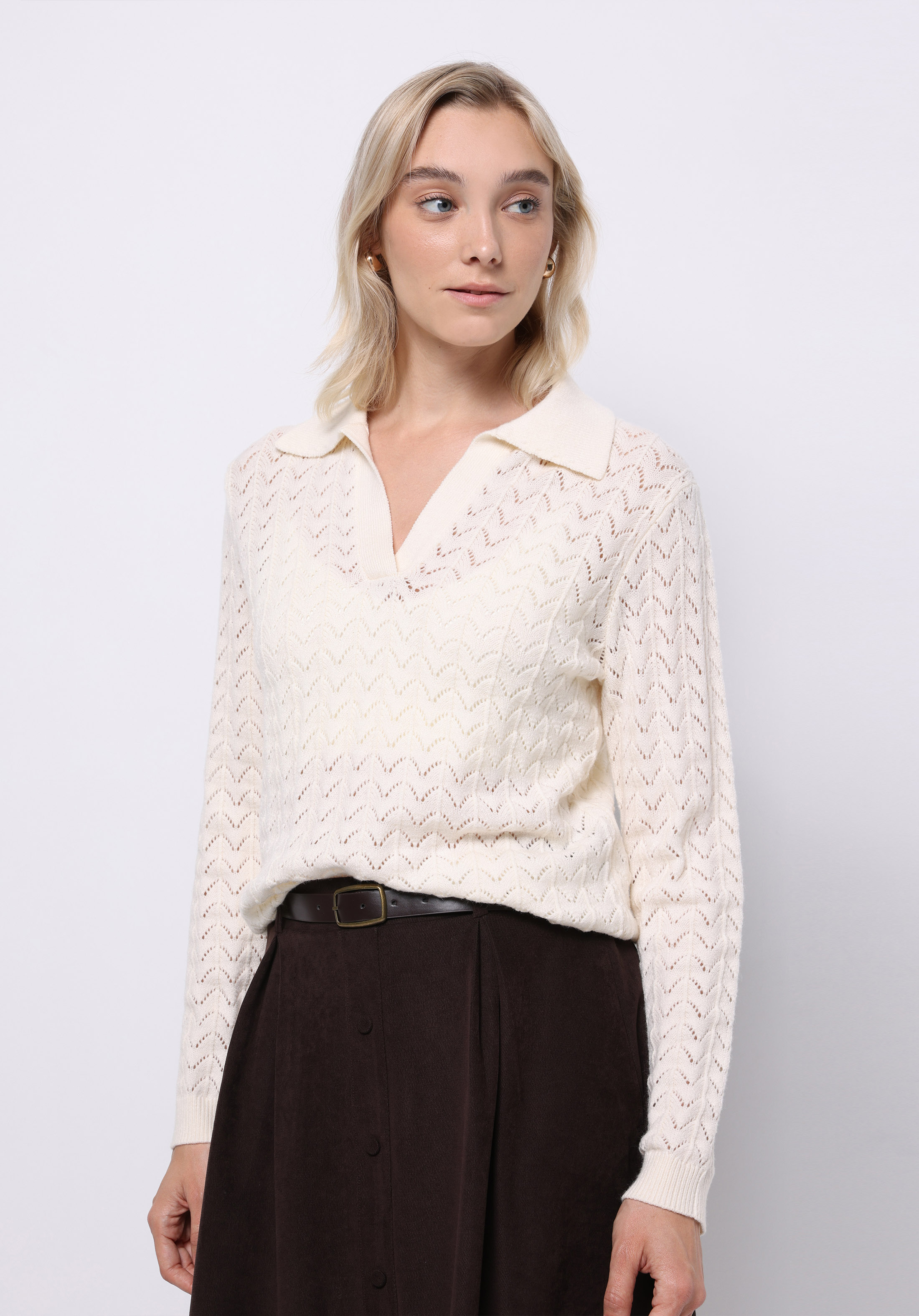 Regular Fit Polo Yaka Düz Kadın Beyaz Kazak